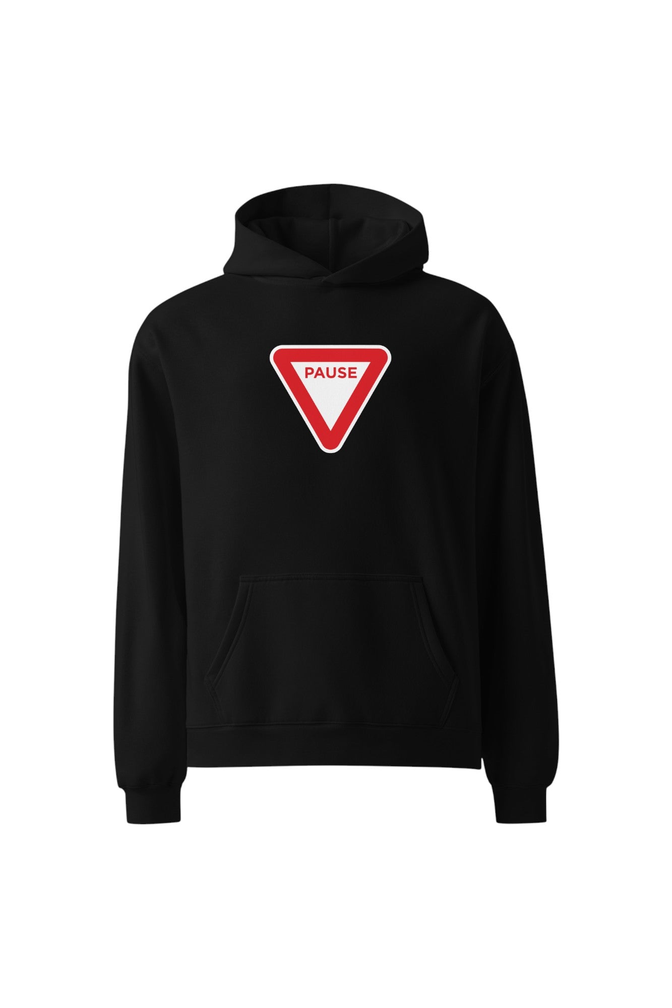 Black hooded pullover fleece sweatshirt with a center chest red triangle yield sign logo with 'pause' typography on a white background
