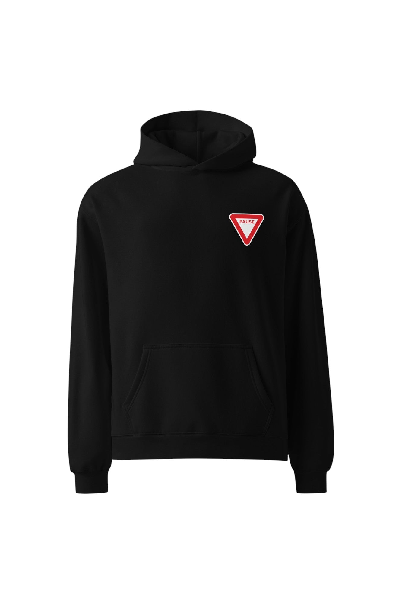 Black hooded pullover fleece sweatshirt with a left chest red triangle yield sign logo with 'pause' typography on a white background