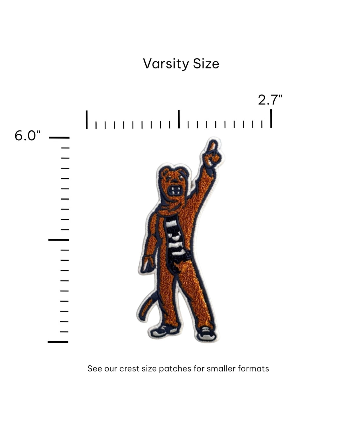 Penn State Nittany Lion mascot chenille varsity patch in brown, navy and white sewn onto custom knitwear FRONT size