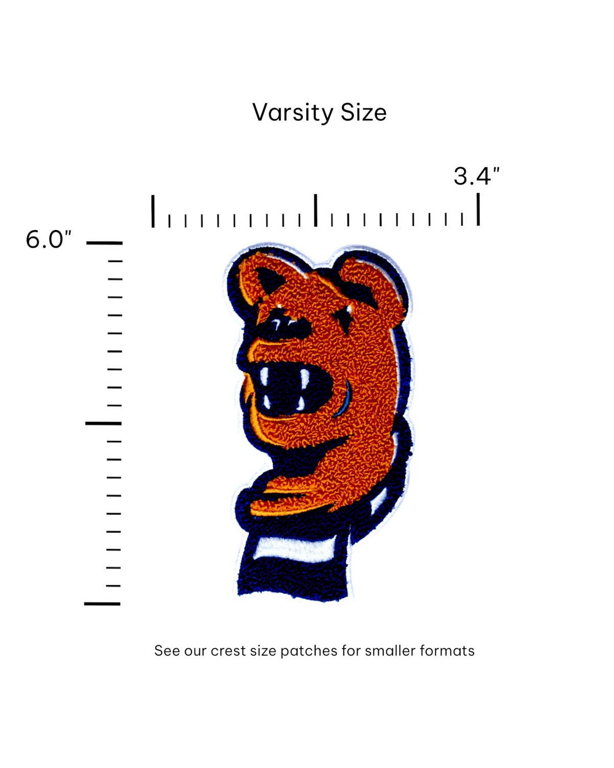 Penn State Nittany Lion head chenille varsity patch with scarf in brown, navy and white sewn onto a custom sweater FRONT - size