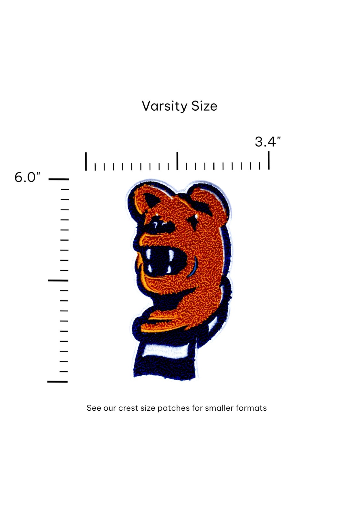 Penn State Nittany Lion head chenille varsity patch with scarf in brown, navy and white sewn onto a custom sweater FRONT - size