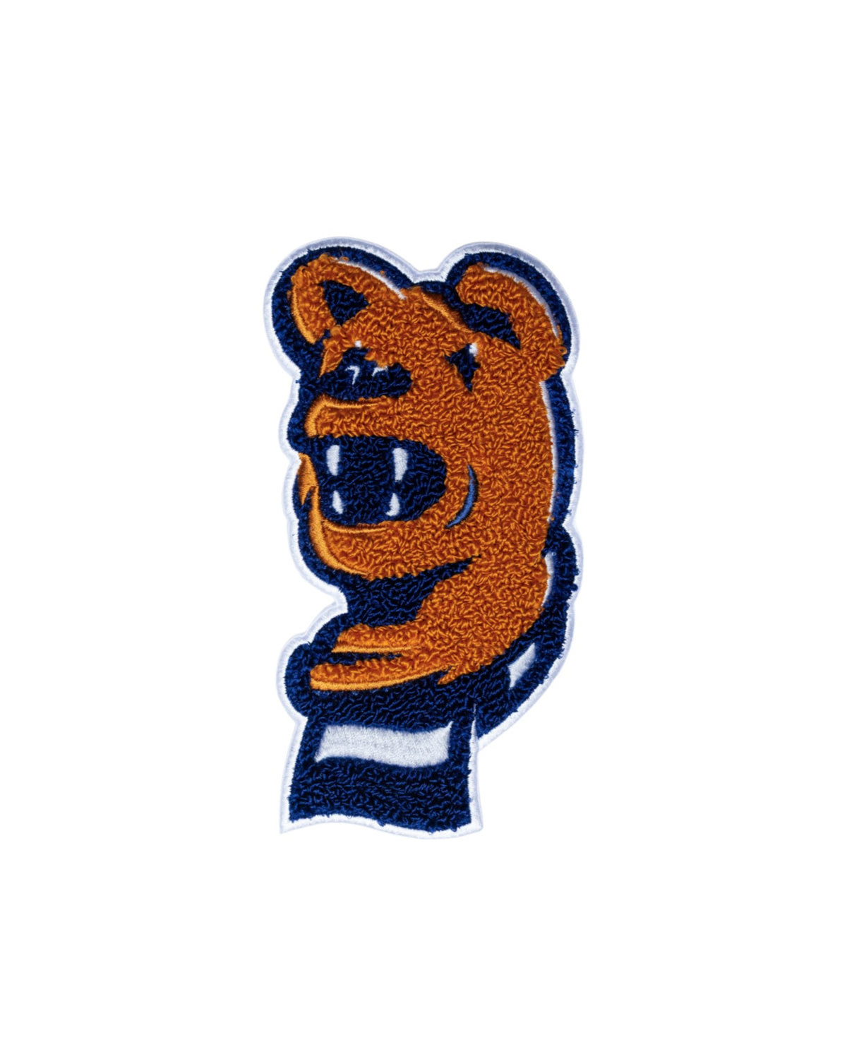 Penn State Nittany Lion head chenille varsity patch with scarf in brown, navy and white sewn onto a custom sweater FRONT