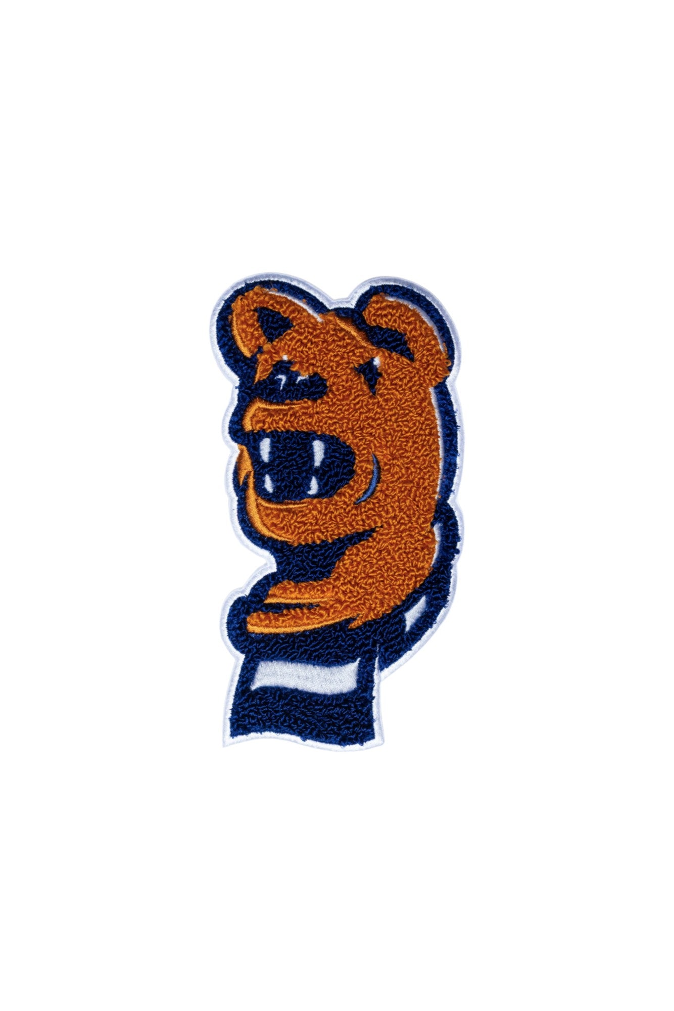 Penn State Nittany Lion head chenille varsity patch with scarf in brown, navy and white sewn onto a custom sweater FRONT