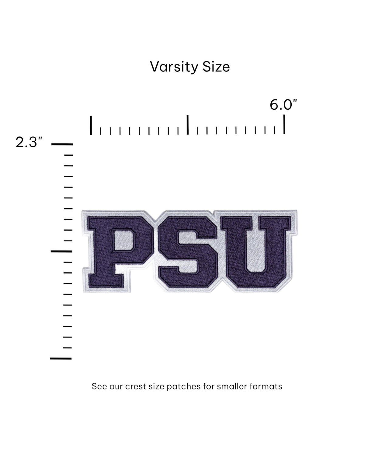 Penn State PSU varsity embroidered patch in navy and white sewn onto custom collegiate knitwear FRONT size