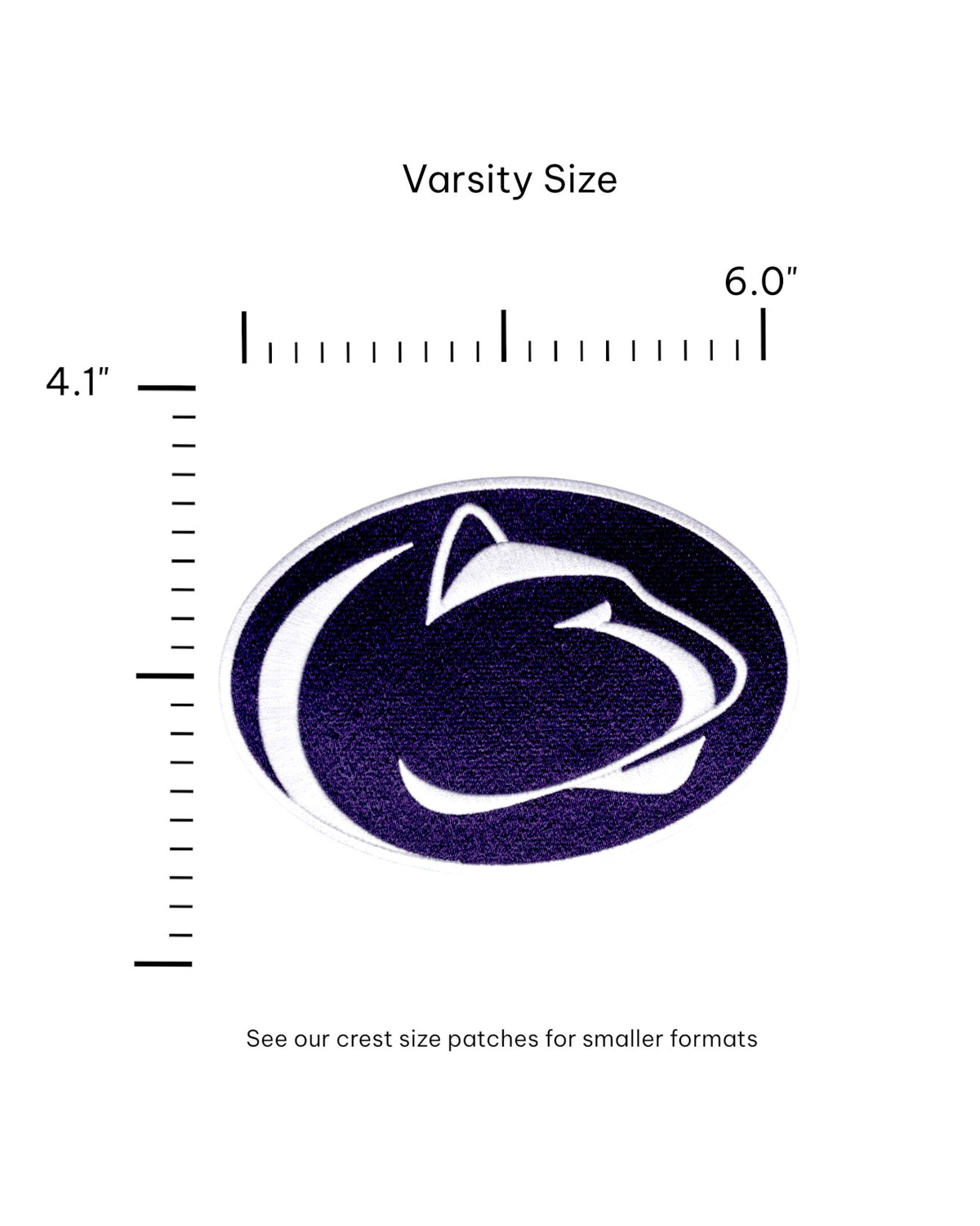 Penn State University Nittany Lion logo embroidered iron-on varsity patch in blue and white - Front size 6.0 x 4.1