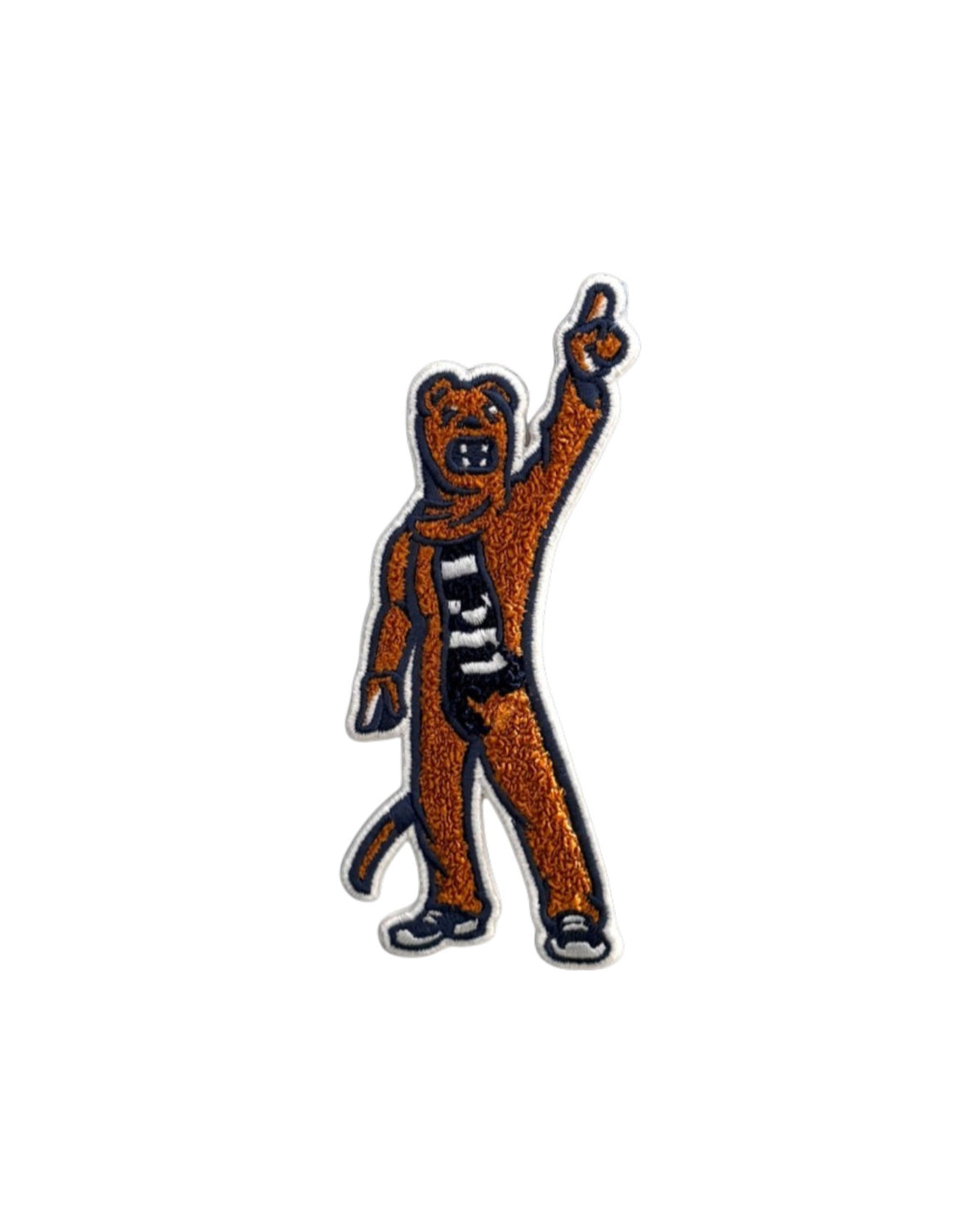 Penn State Nittany Lion mascot chenille varsity patch in brown, navy and white sewn onto custom knitwear FRONT