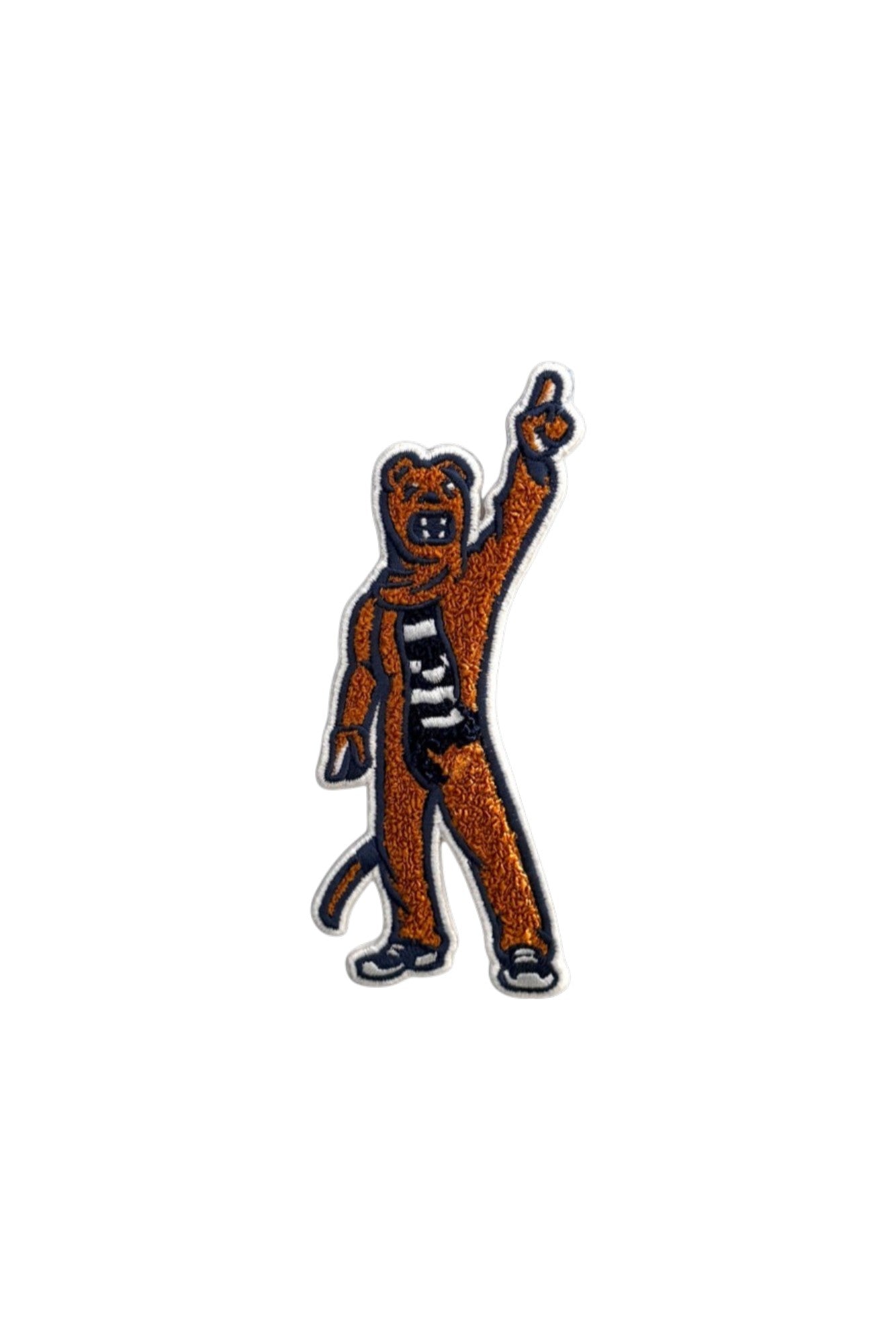 Penn State Nittany Lion mascot chenille varsity patch in brown, navy and white sewn onto custom knitwear FRONT