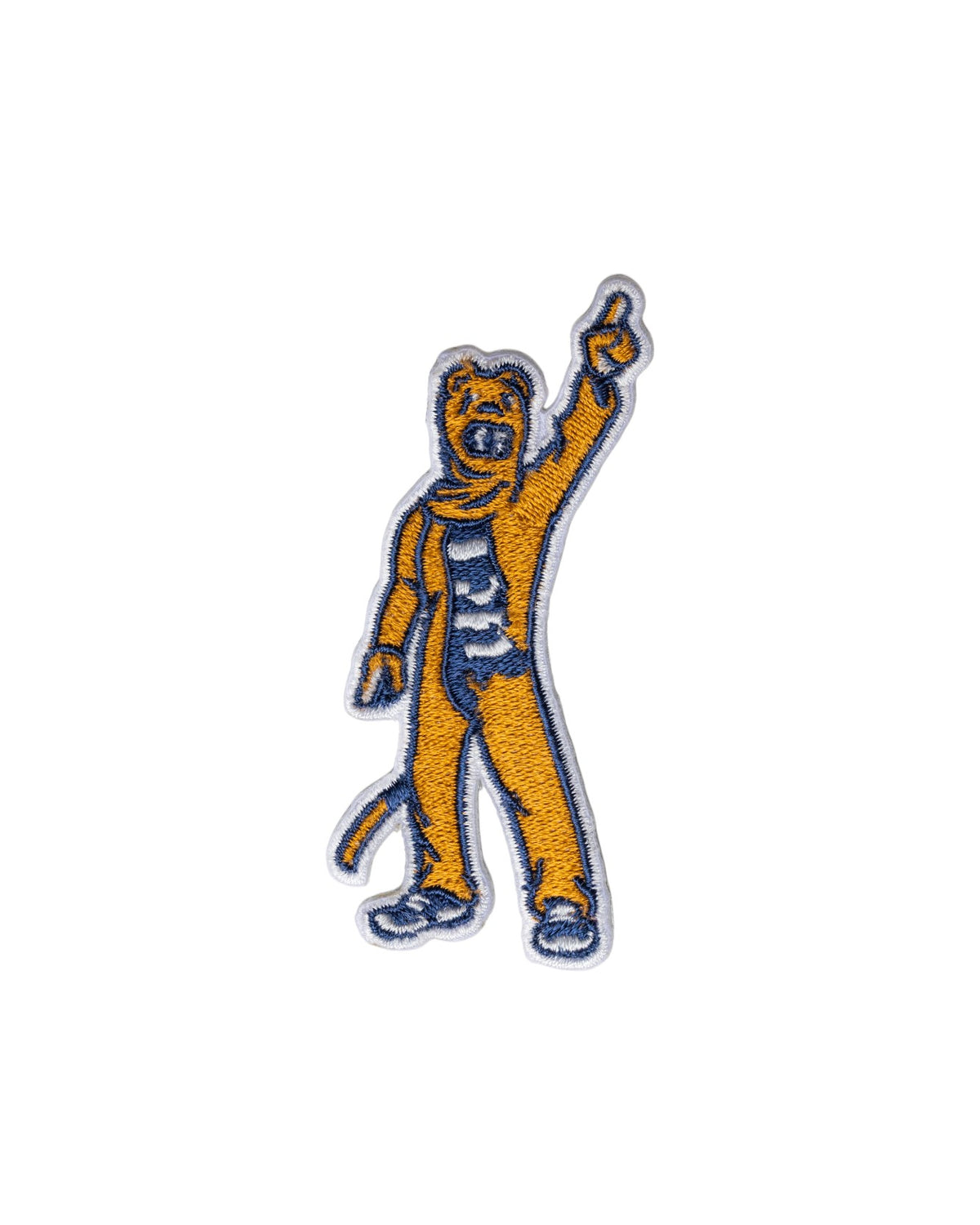 Penn State Nittany Lion mascot embroidered crest patch in brown, navy and white sewn onto custom knitwear FRONT
