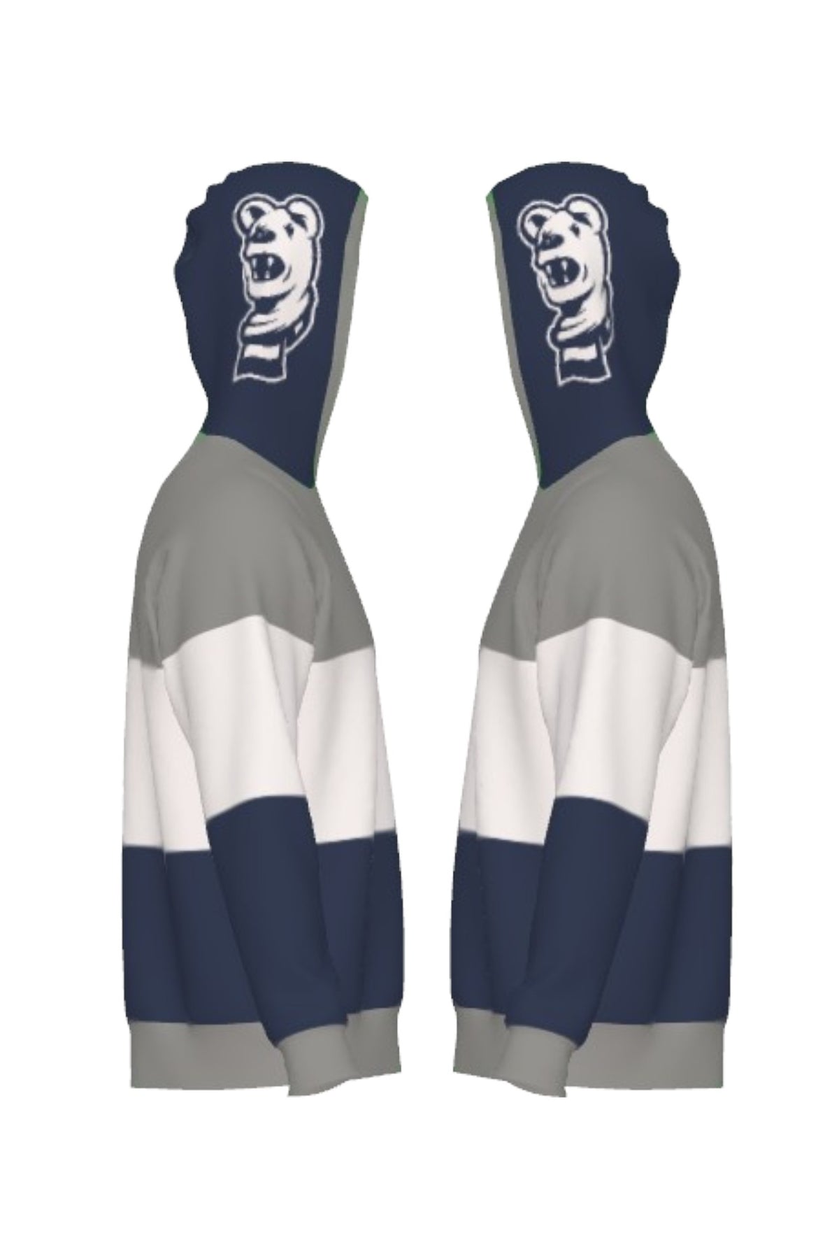 Penn State University Varsity Tri Stripe Hooded Knit Sweater in grey, white and navy blue with embroidered Nittany Lion crest patch and Nittany Lion Mascot head on the hood by SOUNDOFF - side
