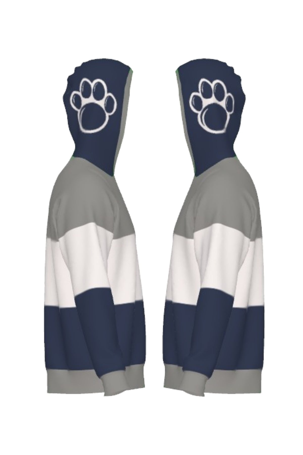 Penn State University Varsity Tri Stripe Hooded Knit Sweater in grey, white and navy blue with embroidered Nittany Lion crest patch and Nittany Lion Paw Print on the hood by SOUNDOFF - side