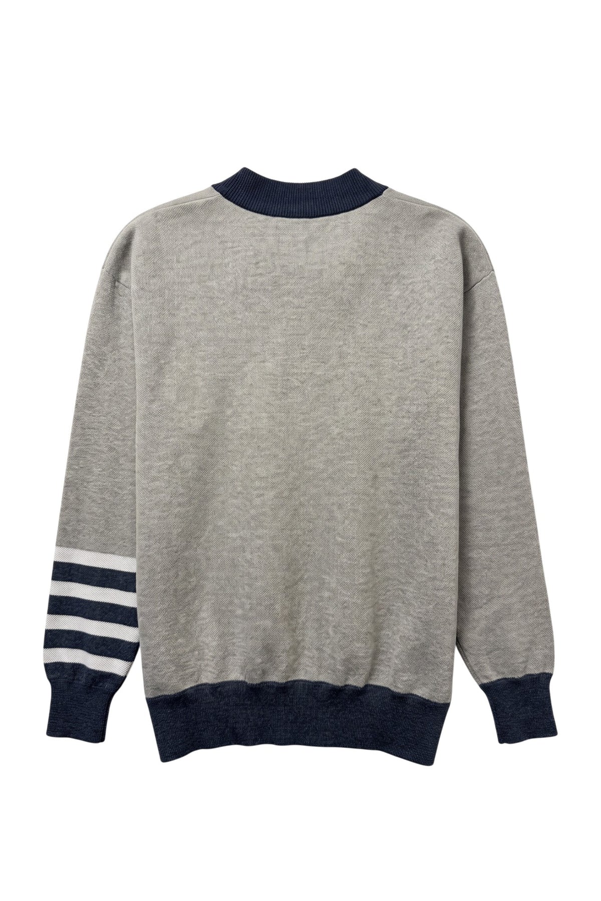 Penn State University Letterman Band Cardigan Knit Sweater in grey with navy trim and navy and white forearm stripes, featuring Nittany Lion Shield knitted into the sweater BACK