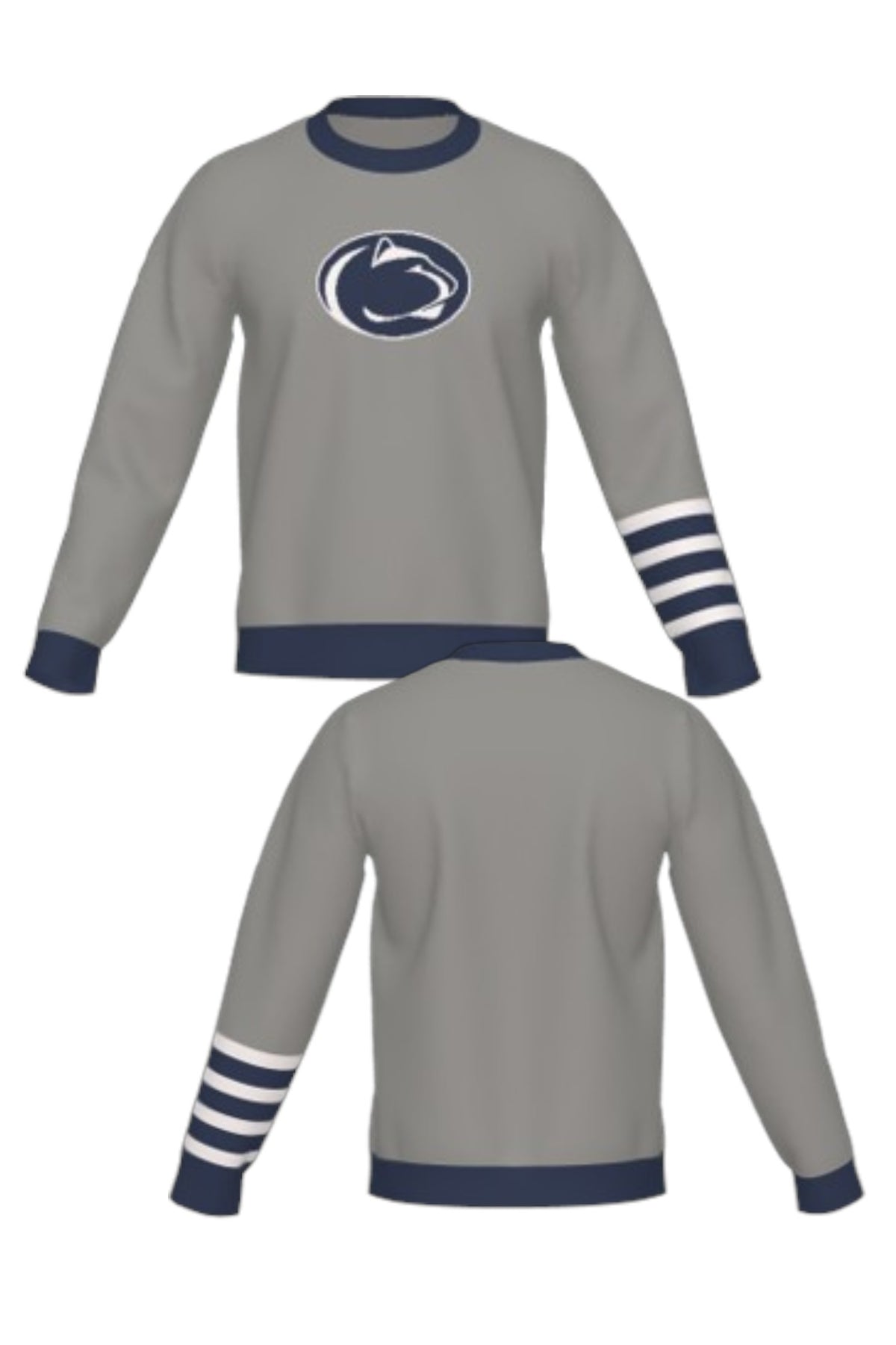 Penn State University Letterman Band Crew Neck Knit Sweater in grey with navy trim and navy and white forearm stripes, featuring Nittany Lion Shield knitted into the sweater FRONT and BACK