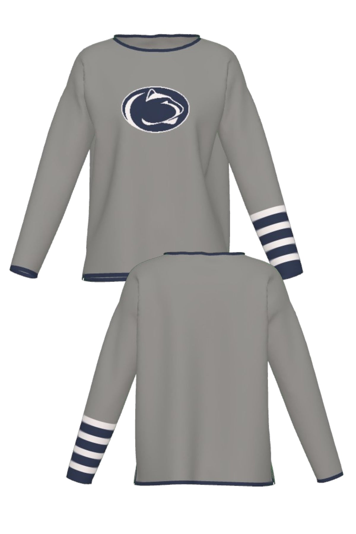 Penn State University Letterman Band Woman's Knit Sweater in grey with navy trim and navy and white forearm stripes, featuring Nittany Lion Shield knitted into the sweater FRONT and BACK