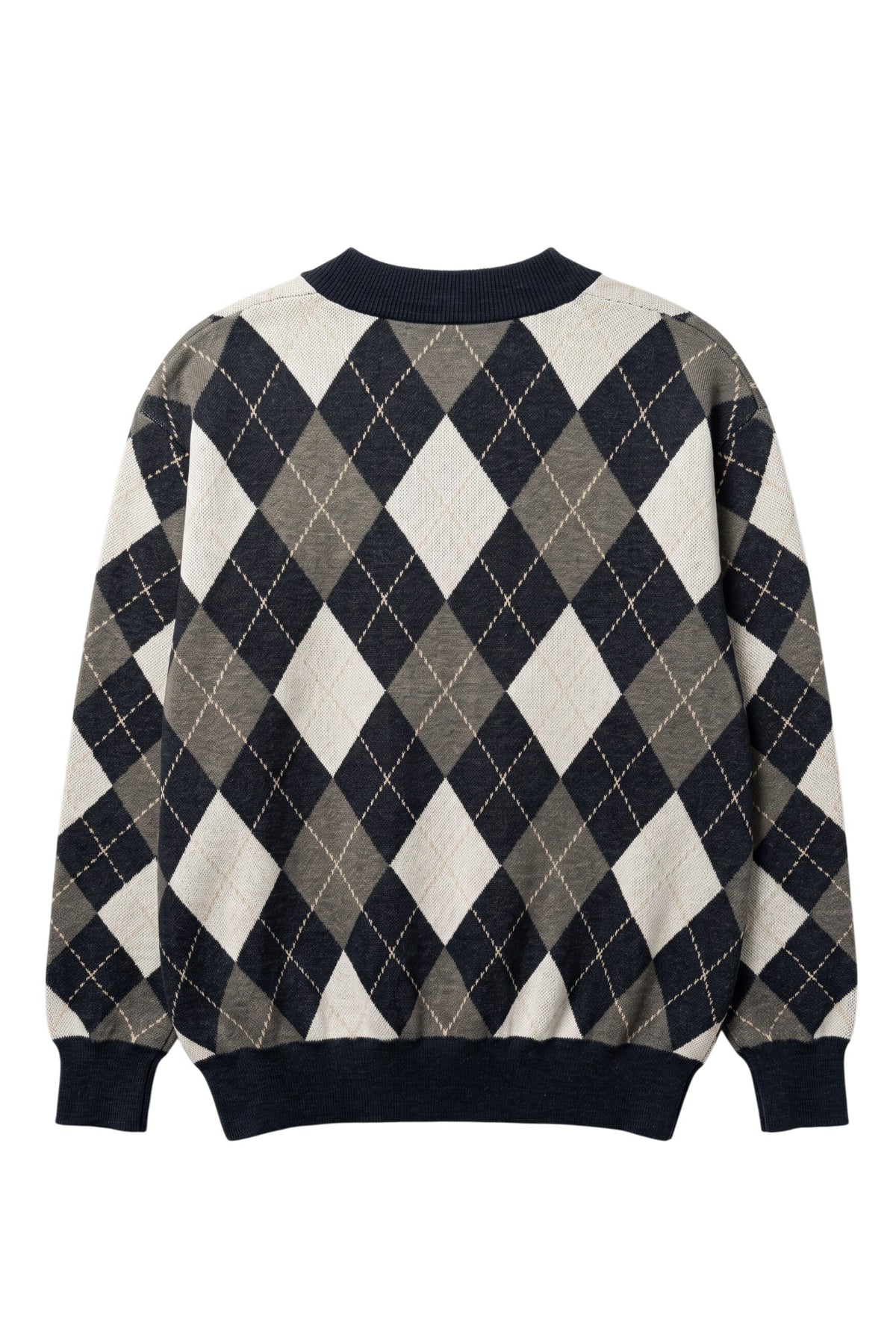 Penn State University Argyle cardigan knit sweater in navy, grey, white and beige with PSU knitted into the front, officially licensed Nittany Lions sweater BACK