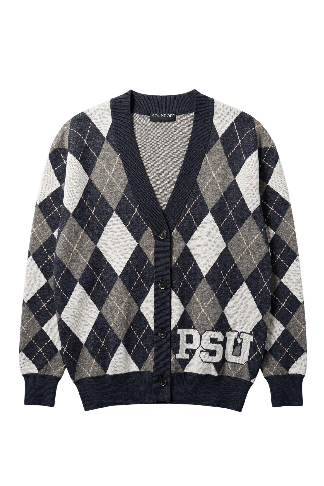 Penn State University Argyle cardigan knit sweater in navy, grey, white and beige with PSU knitted into the front, officially licensed Nittany Lions sweater FRONT