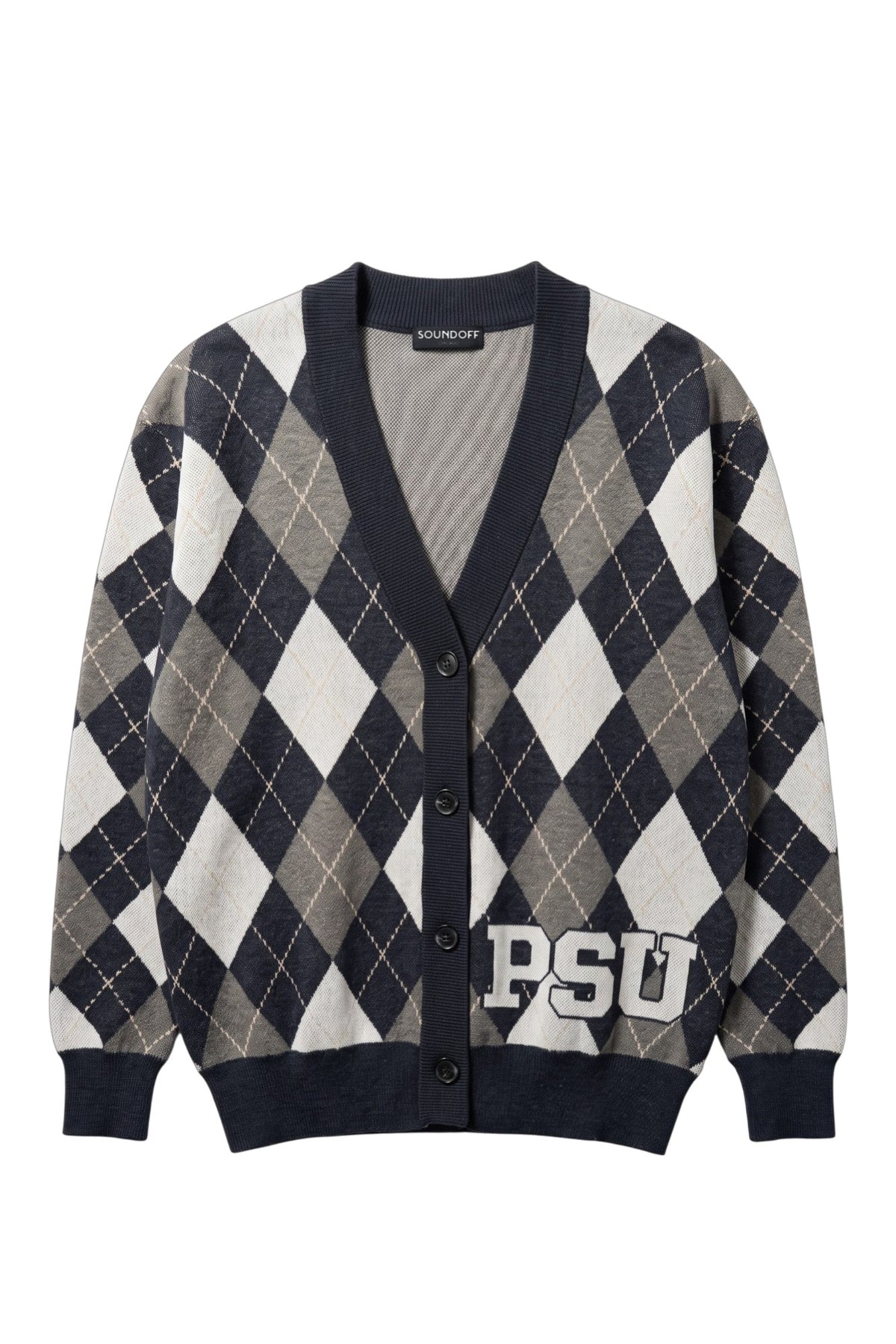 Penn State University Argyle cardigan knit sweater in navy, grey, white and beige with PSU knitted into the front, officially licensed Nittany Lions sweater FRONT