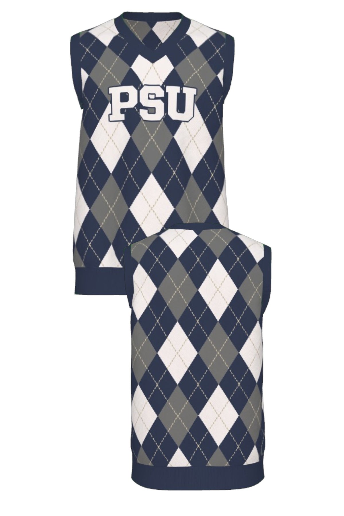 Penn State University Argyle sleeveless v-neck knit sweater in navy, grey, white and beige with PSU knitted into the front, officially licensed Nittany Lions sweater FRONT and BACK