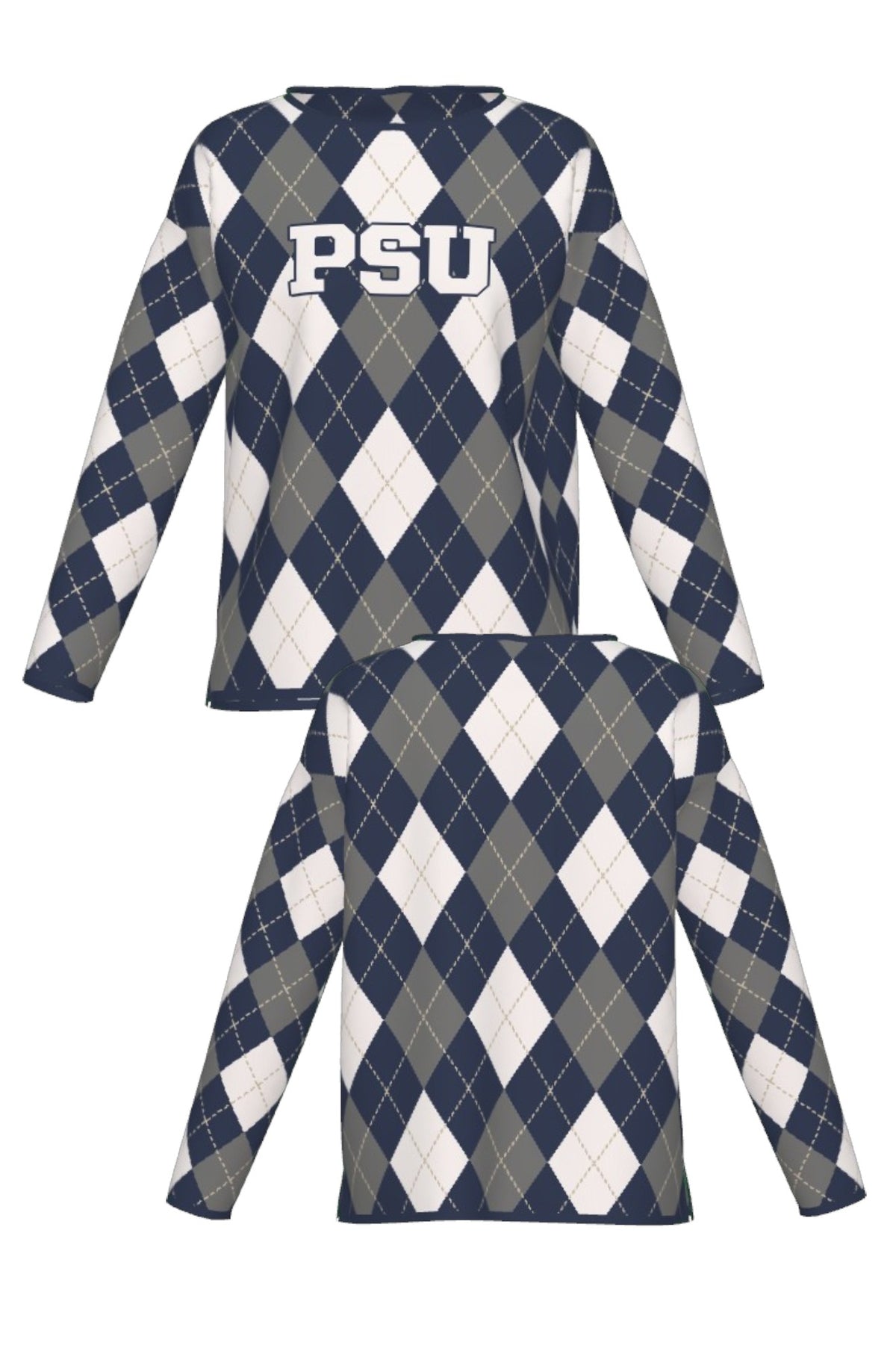 Penn State University Argyle women's knit sweater in navy, grey, white and beige with PSU knitted into the front, officially licensed Nittany Lions sweater FRONT and BACK