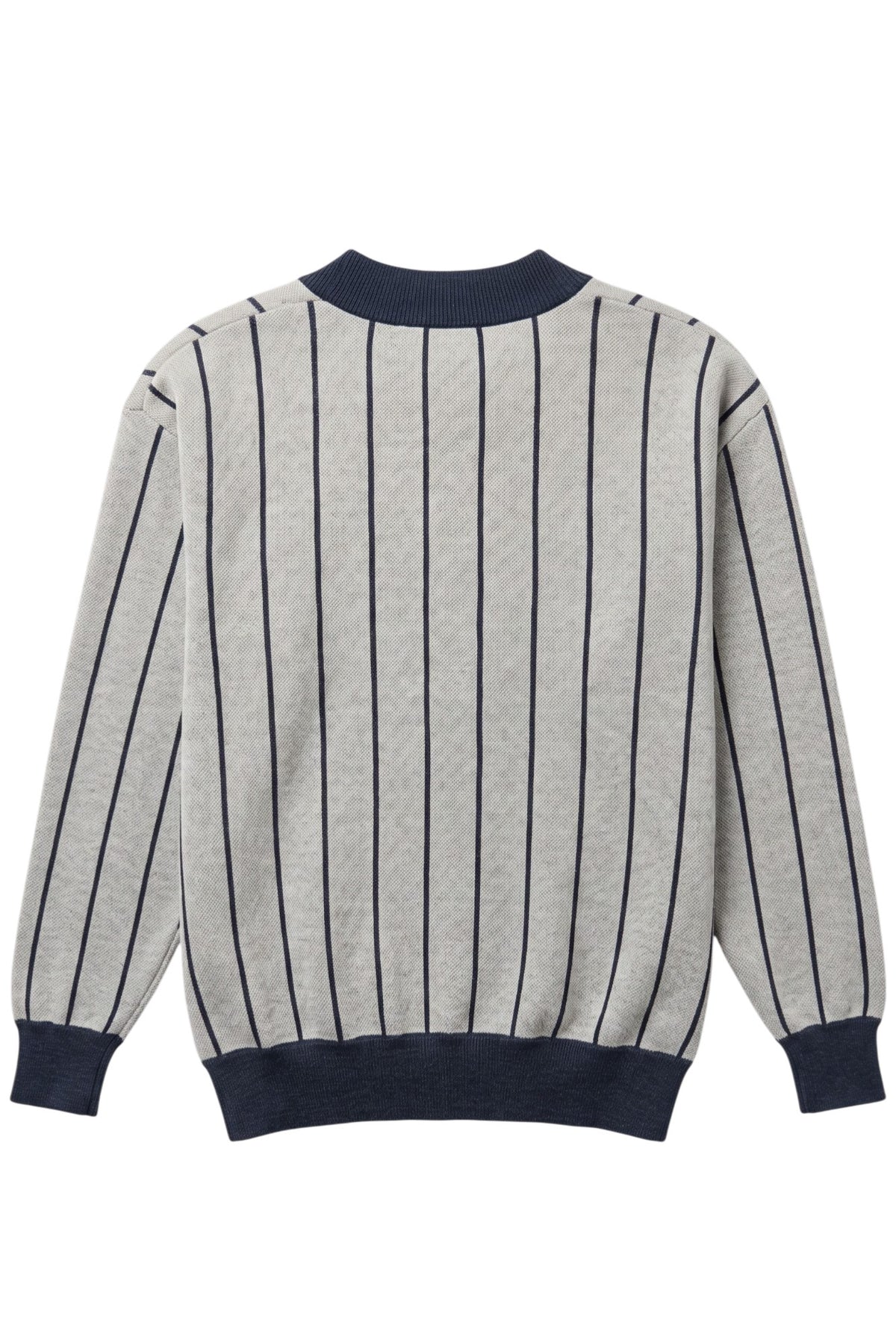 Penn State University Heritage Pinstripe Cardigan Knit Sweater in grey with navy trim and navy pinstripes, designed for Penn State patch customization BACK