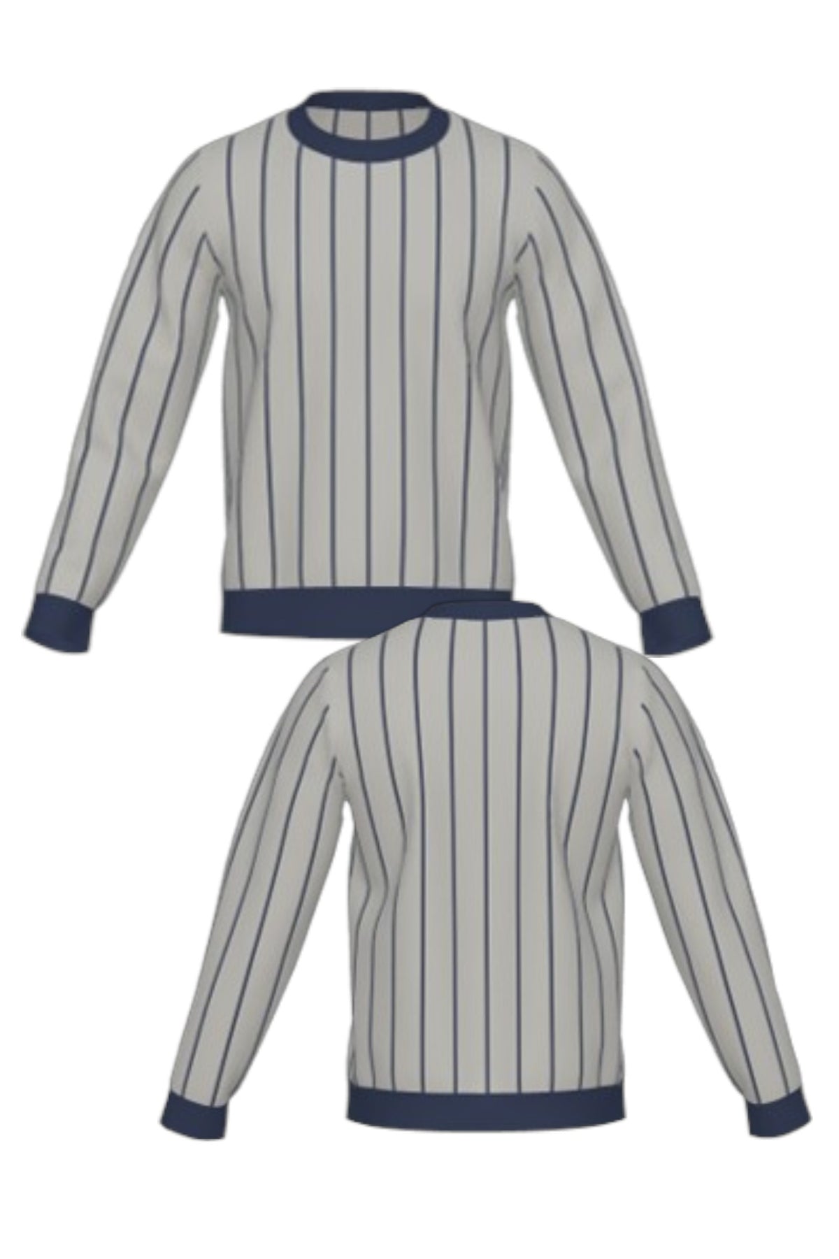 Penn State University Heritage Pinstripe Crew Neck Knit Sweater in grey with navy trim and navy pinstripes, designed for Penn State patch customization FRONT and BACK