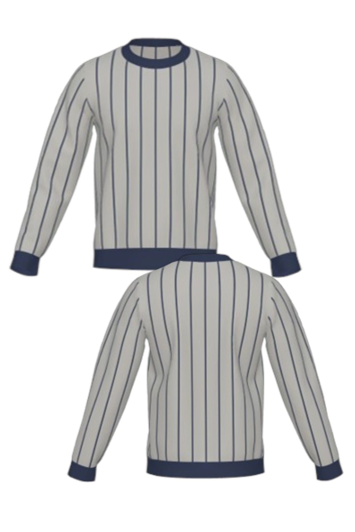 Penn State University Heritage Pinstripe Crew Neck Knit Sweater in grey with navy trim and navy pinstripes, designed for Penn State patch customization FRONT and BACK