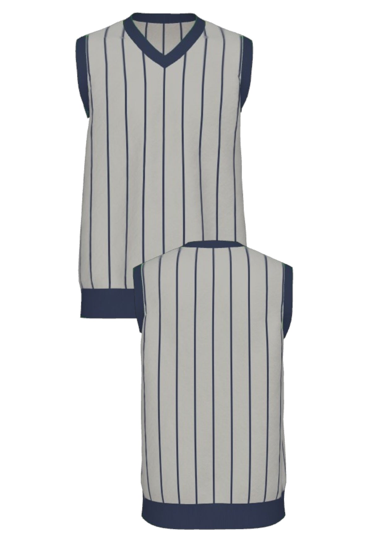 Penn State University Heritage Pinstripe V-Neck Vest Knit Sweater in grey with navy trim and navy pinstripes, designed for Penn State patch customization FRONT and BACK