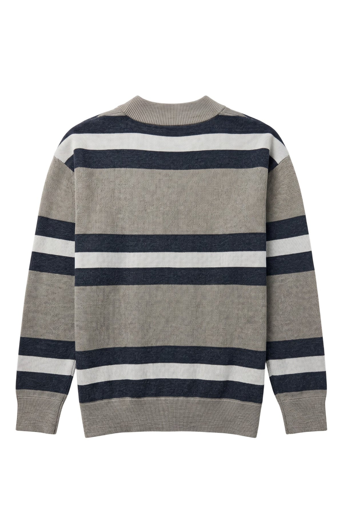 Penn State University rugby stripe knit cardigan sweater in navy, grey and white with Nittany Lion Paw knitted into the front left chest, officially licensed Nittany Lions sweater BACK