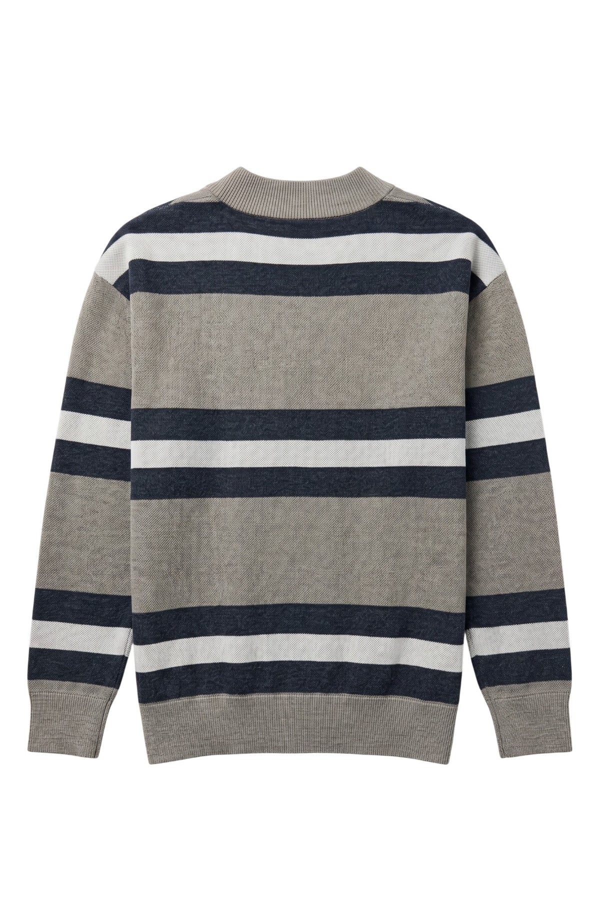 Penn State University rugby stripe knit cardigan sweater in navy, grey and white with Nittany Lion Paw knitted into the front left chest, officially licensed Nittany Lions sweater BACK