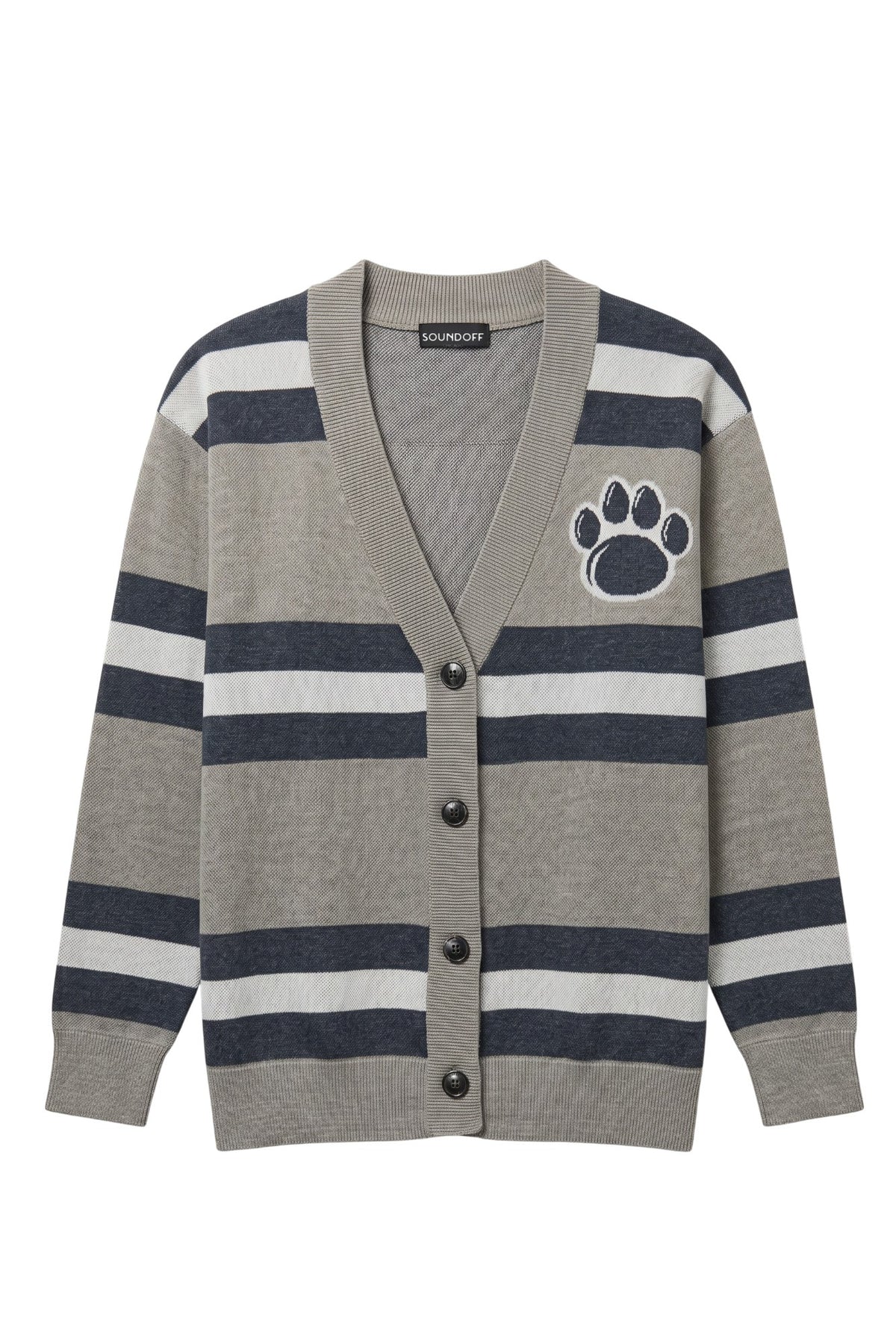 Penn State University rugby stripe knit cardigan sweater in navy, grey and white with Nittany Lion Paw knitted into the front left chest, officially licensed Nittany Lions sweater FRONT