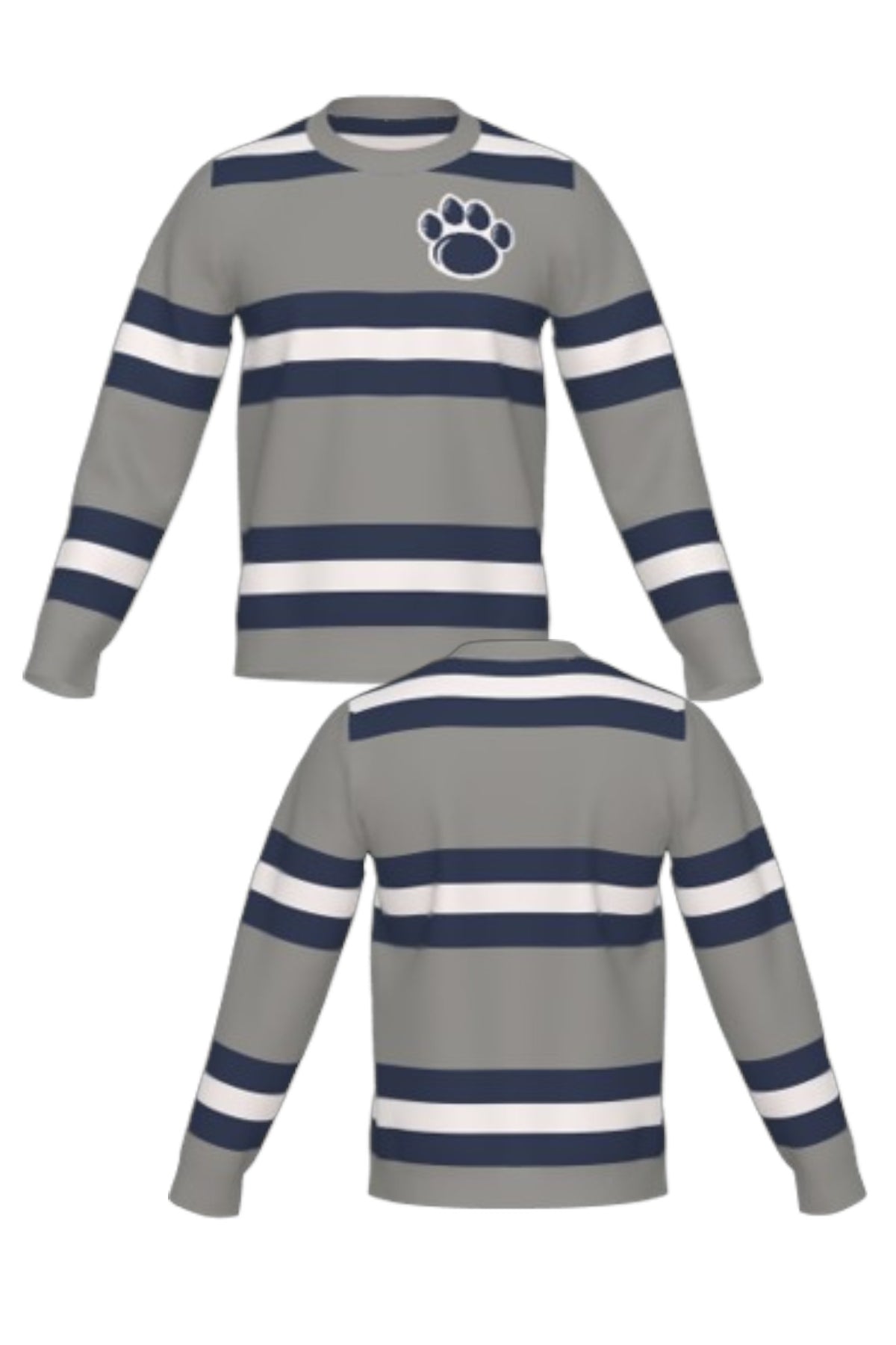Penn State University rugby stripe knit crew neck sweater in navy, grey and white with Nittany Lion Paw knitted into the front left chest, officially licensed Nittany Lions sweater FRONT and BACK