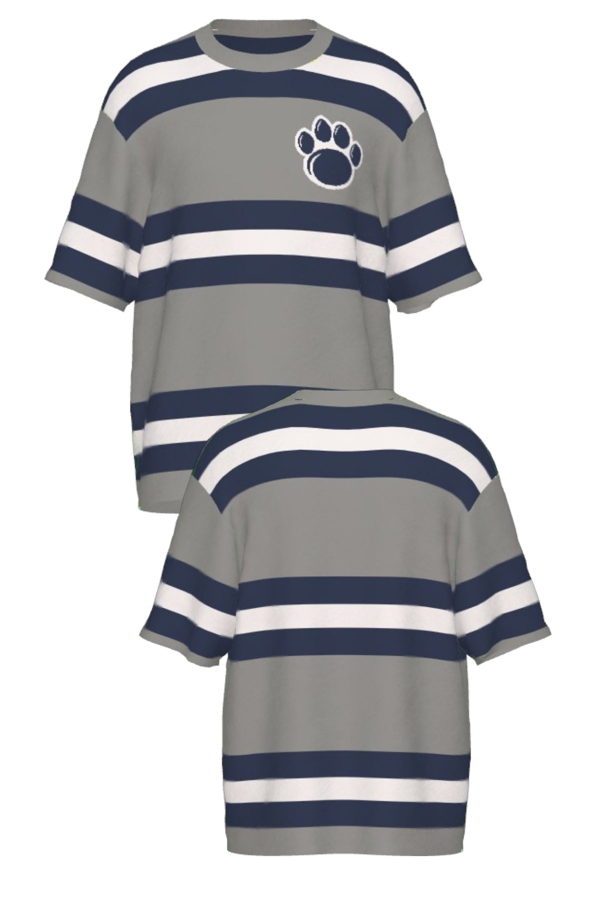 Penn State University rugby stripe knit short sleeve sweater in navy, grey and white with Nittany Lion Paw knitted into the front left chest, officially licensed Nittany Lions sweater FRONT and BACK