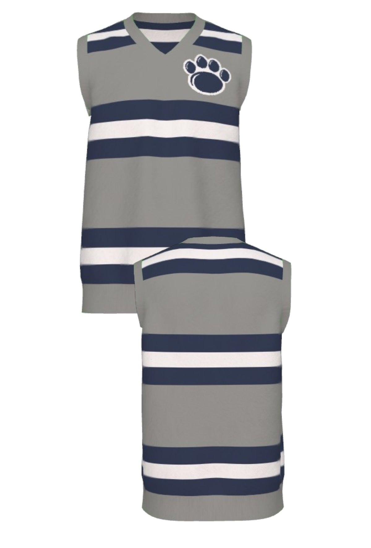 Penn State University rugby stripe knit V-neck vest sweater in navy, grey and white with Nittany Lion Paw knitted into the front left chest, officially licensed Nittany Lions sweater FRONT and BACK
