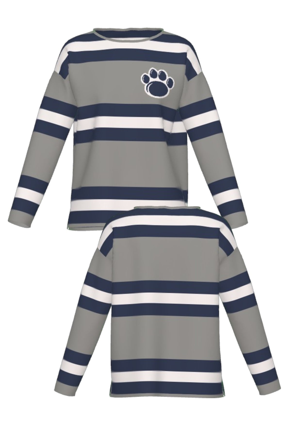 Penn State University rugby stripe knit Women's roll neck sweater in navy, grey and white with Nittany Lion Paw knitted into the front left chest, officially licensed Nittany Lions sweater FRONT and BACK