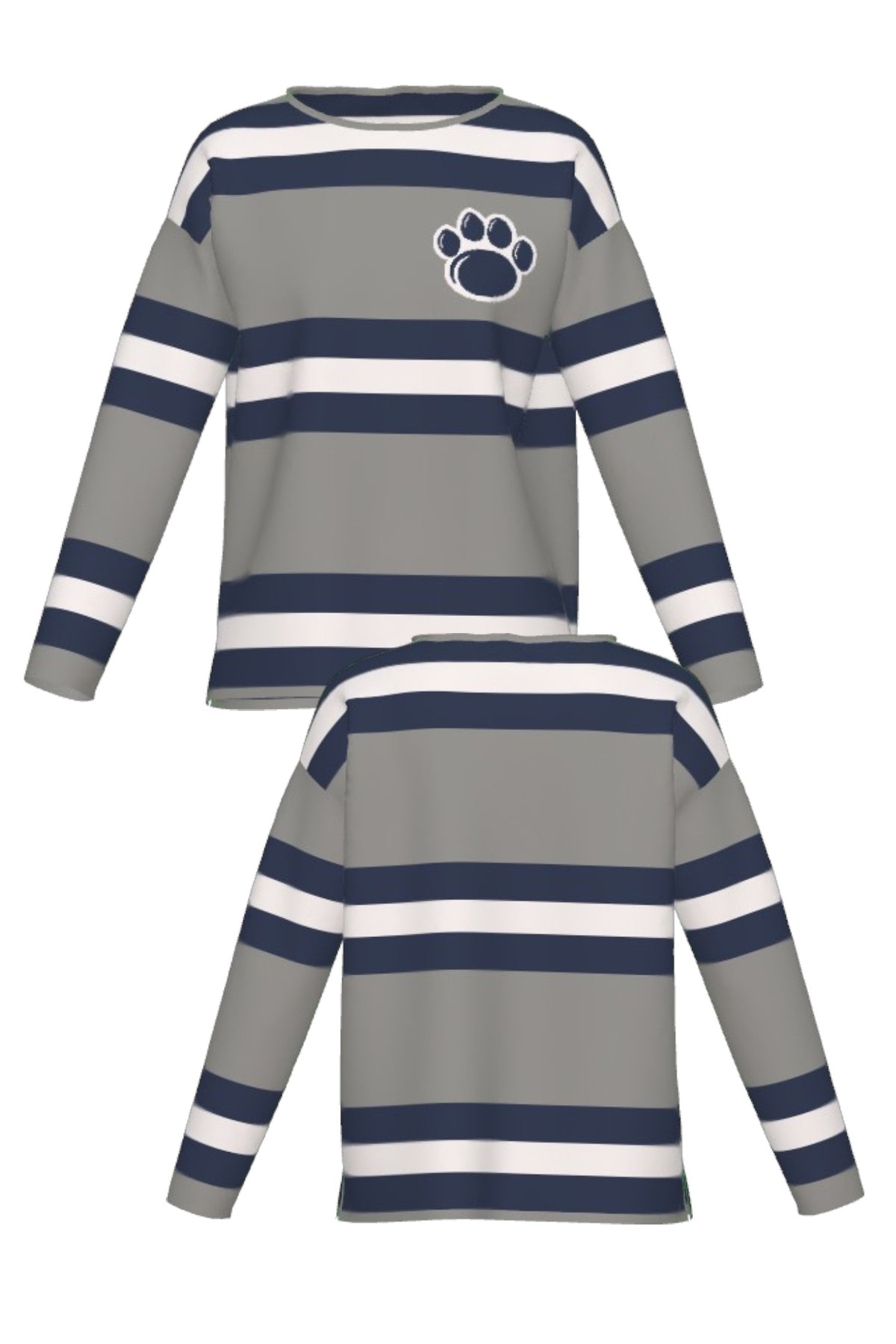 Penn State University rugby stripe knit Women's roll neck sweater in navy, grey and white with Nittany Lion Paw knitted into the front left chest, officially licensed Nittany Lions sweater FRONT and BACK