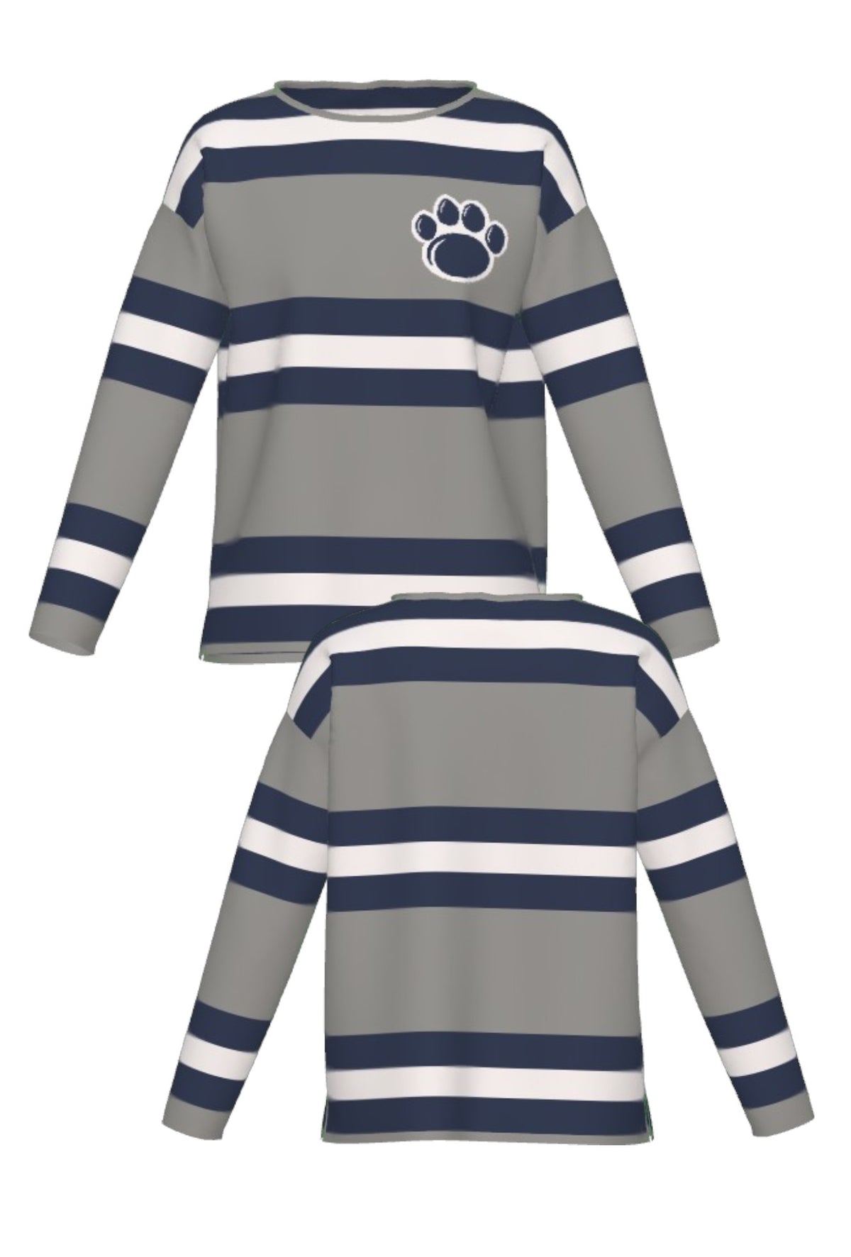 Penn State University rugby stripe knit Women's roll neck sweater in navy, grey and white with Nittany Lion Paw knitted into the front left chest, officially licensed Nittany Lions sweater FRONT and BACK