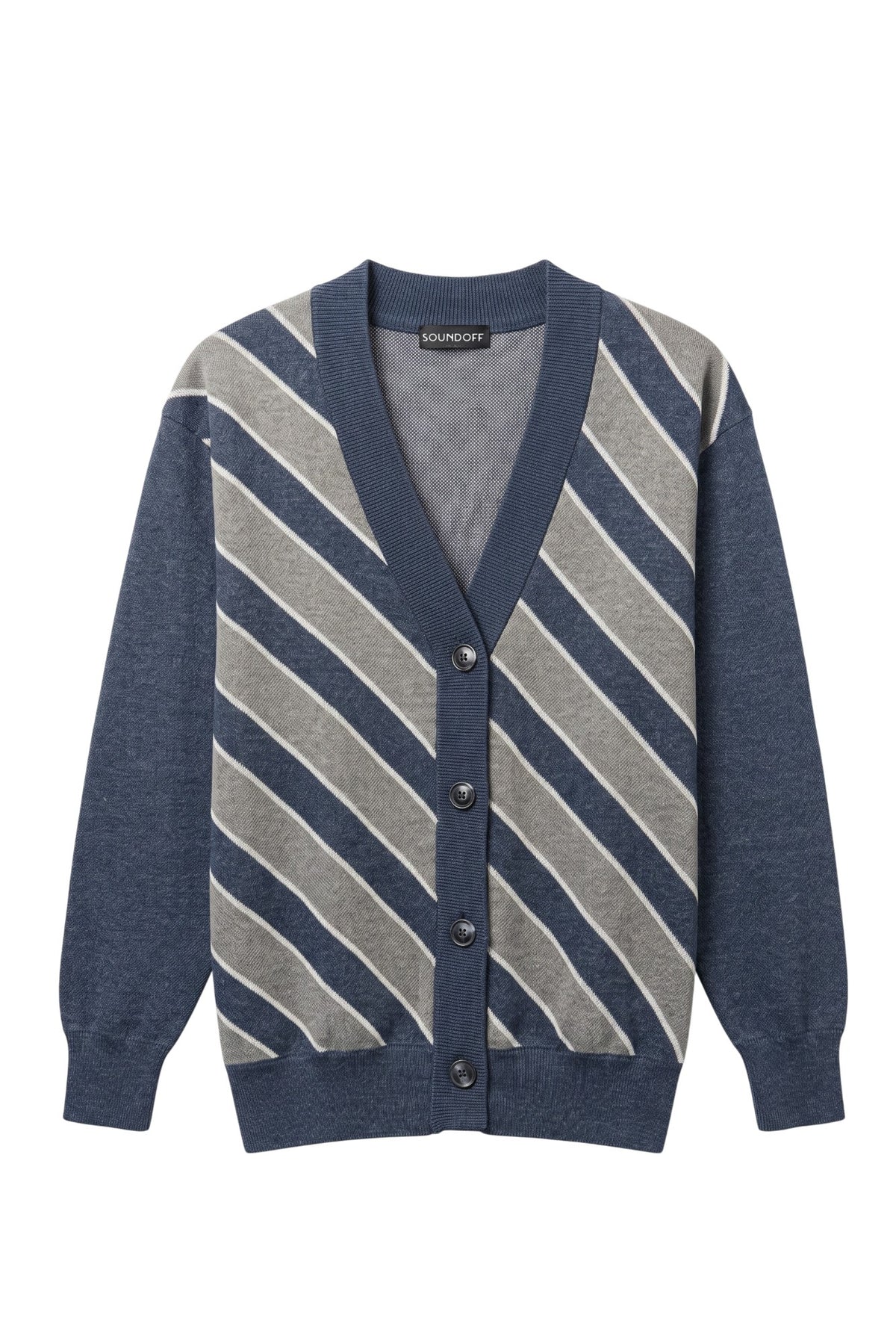 Penn State University Repp Stripe Cardigan Knit Sweater in navy, dark grey and white with angled front stripes and Nittany Lion mascot head detail FRONT