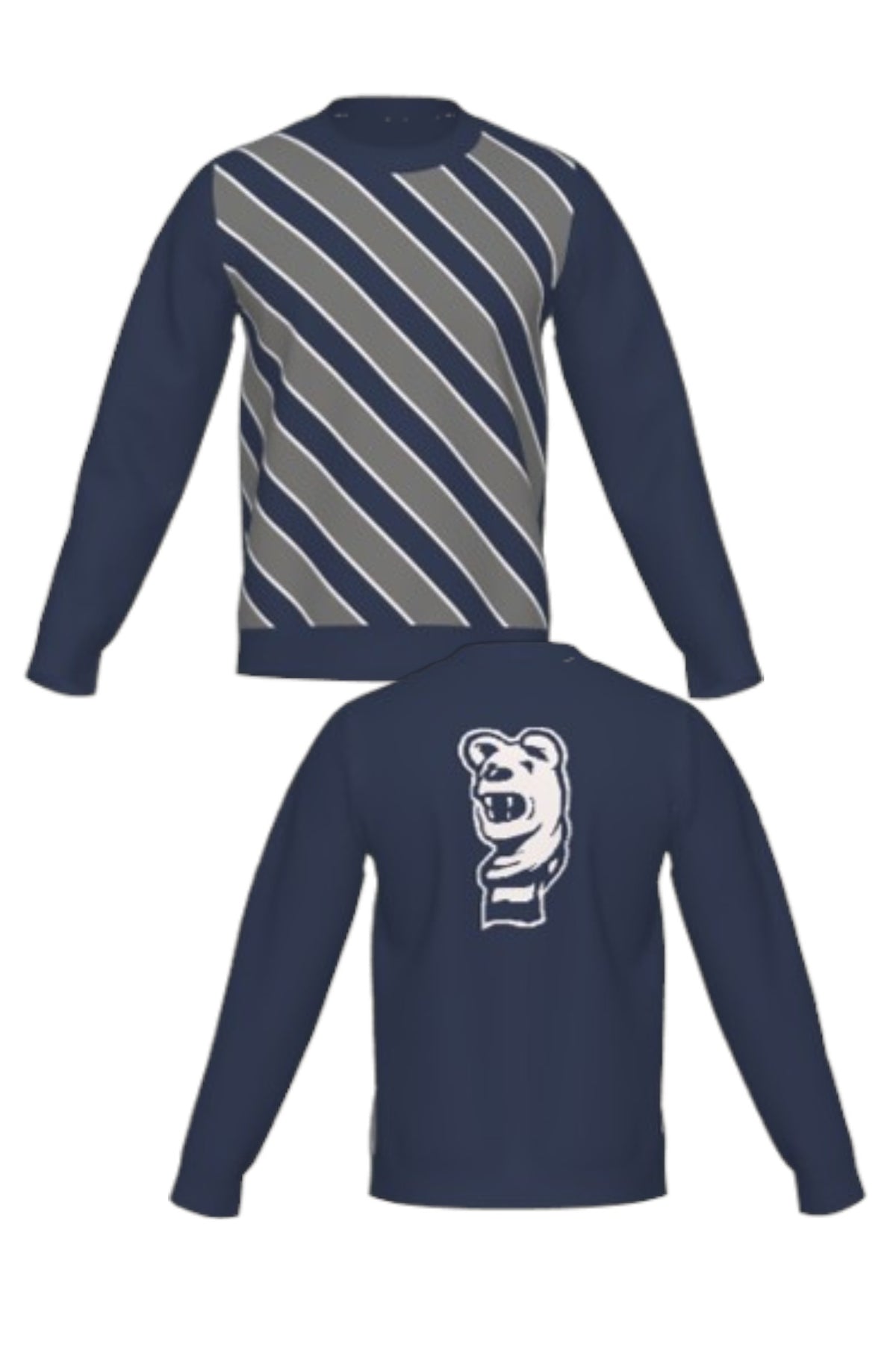 Penn State University Repp Stripe Crew Neck Knit Sweater in navy, dark grey and white with angled front stripes and Nittany Lion mascot head detail FRONT and BACK
