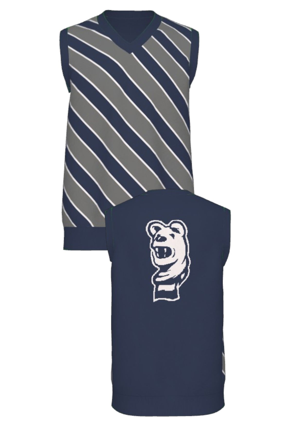 Penn State University Repp Stripe V-Neck Vest Knit Sweater in navy, dark grey and white with angled front stripes and Nittany Lion mascot head detail FRONT and BACK