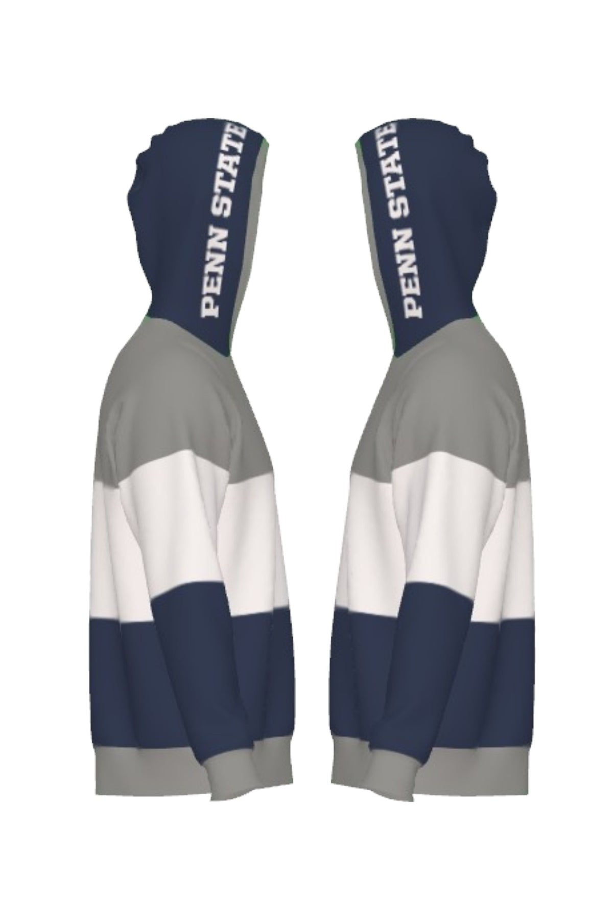 Penn State University Varsity Tri Stripe Hooded Knit Sweater in grey, white and navy blue with embroidered Nittany Lion crest patch and PENN STATE block on the hood by SOUNDOFF - side
