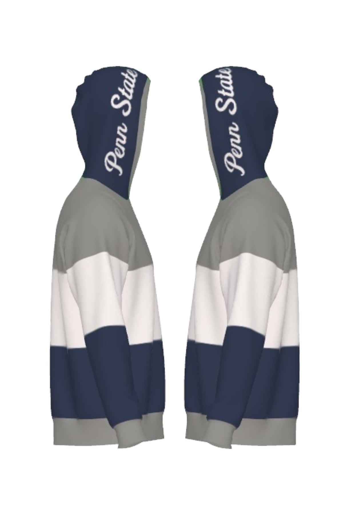 Penn State University Varsity Tri Stripe Hooded Knit Sweater in grey, white and navy blue with embroidered Nittany Lion crest patch and Penn State script on the hood by SOUNDOFF - side
