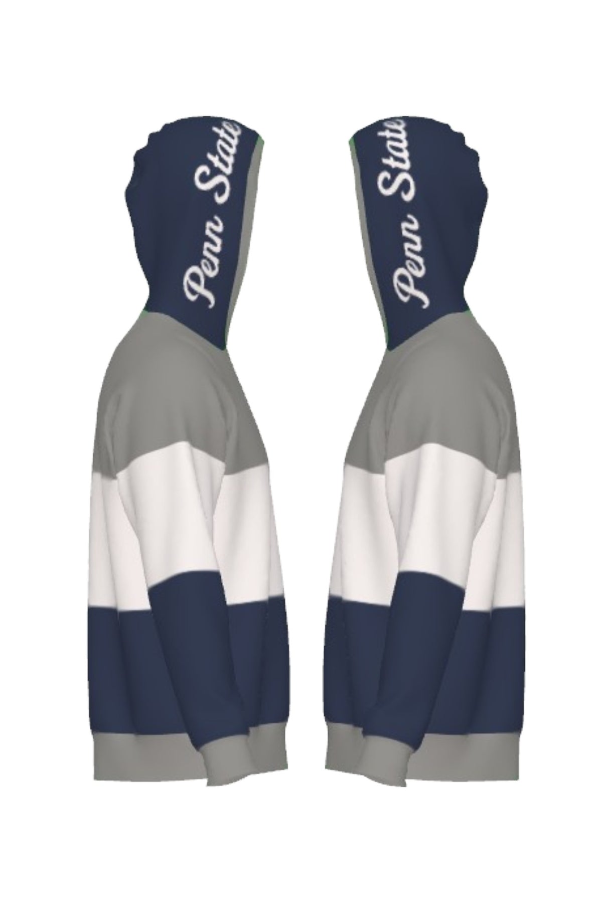 Penn State University Varsity Tri Stripe Hooded Knit Sweater in grey, white and navy blue with embroidered Nittany Lion crest patch and Penn State script on the hood by SOUNDOFF - side