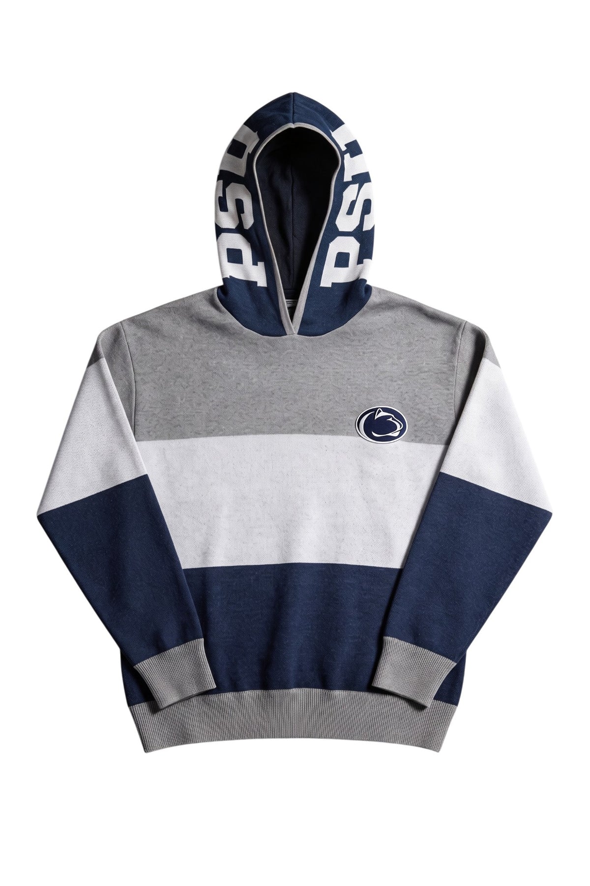 Penn State University Varsity Tri Stripe Hooded Knit Sweater in grey, white and navy blue with embroidered Nittany Lion crest patch and PSU block on the hood by SOUNDOFF - front