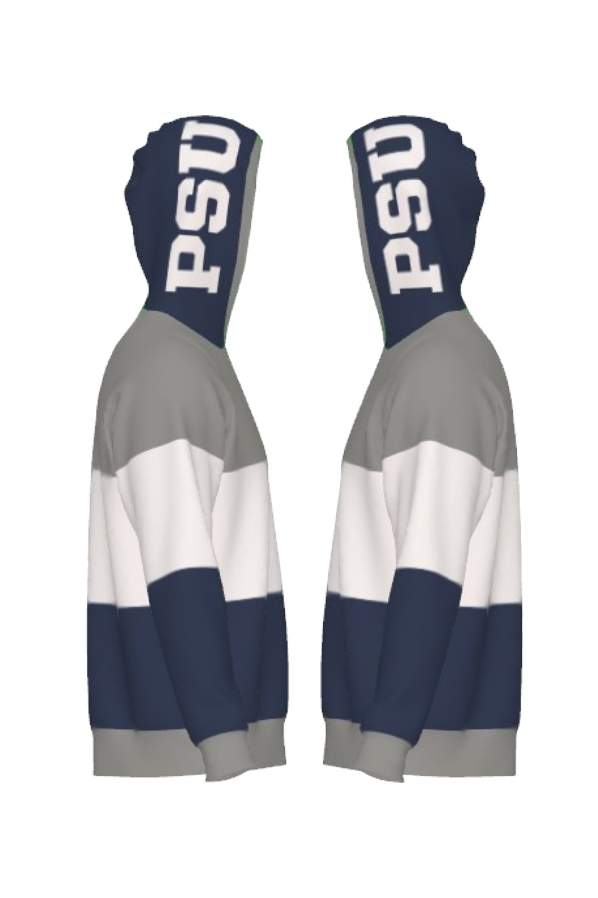 Penn State University Varsity Tri Stripe Hooded Knit Sweater in grey, white and navy blue with embroidered Nittany Lion crest patch and PSU block on the hood by SOUNDOFF - side