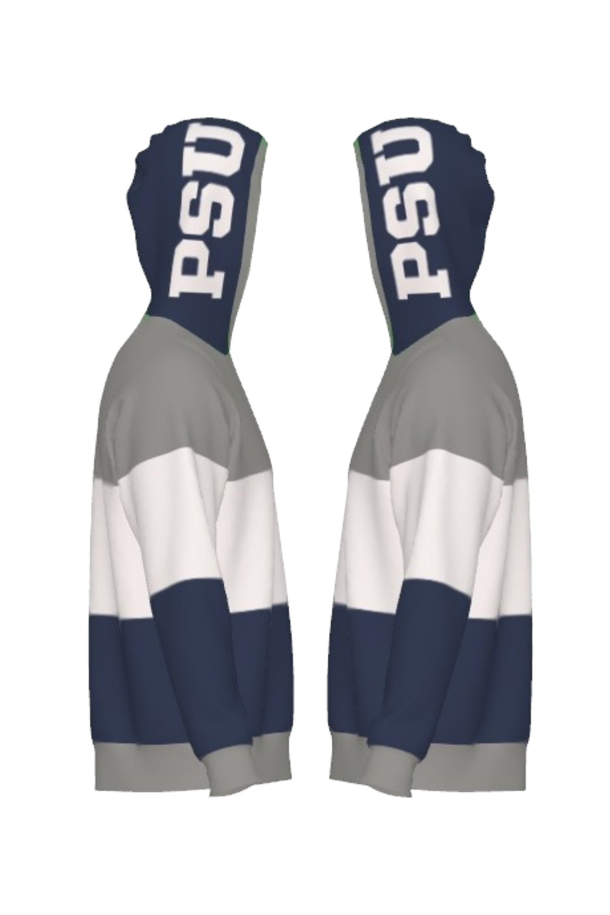 Penn State University Varsity Tri Stripe Hooded Knit Sweater in grey, white and navy blue with embroidered Nittany Lion crest patch and PSU block on the hood by SOUNDOFF - side