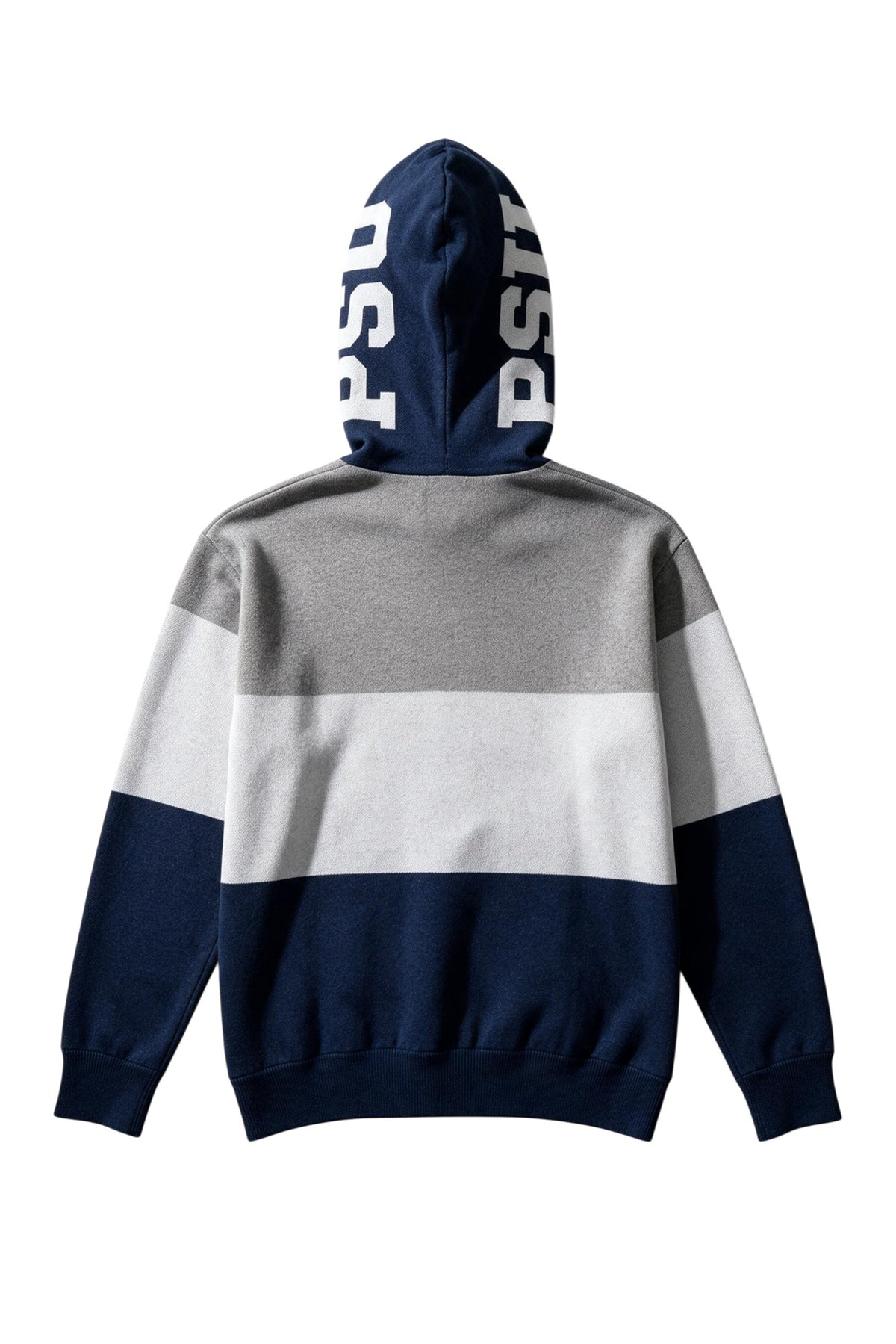 Penn State University Varsity Tri Stripe Hooded Knit Sweater in grey, white and navy blue with embroidered Nittany Lion crest patch and PSU block on the hood by SOUNDOFF - back