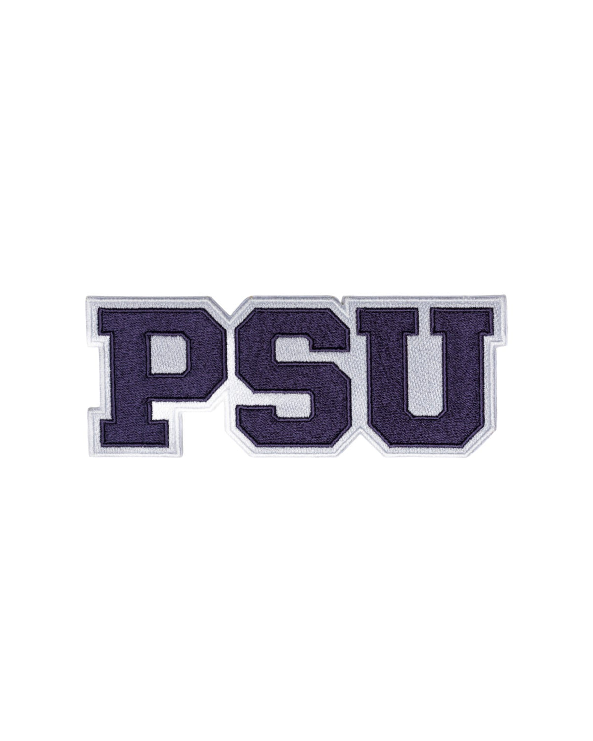 Penn State PSU embroidered crest patch in navy and white sewn onto custom collegiate knitwear FRONT