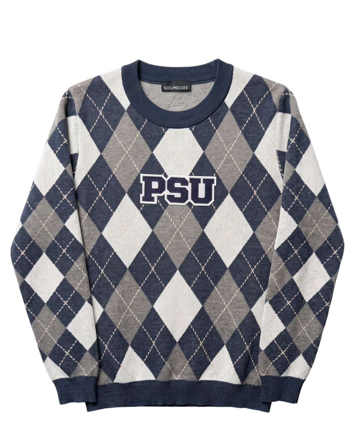 Penn State PSU varsity embroidered patch in navy and white sewn onto center front chest of navy, white, light grey, and beige argyle classic crewneck knit sweater.