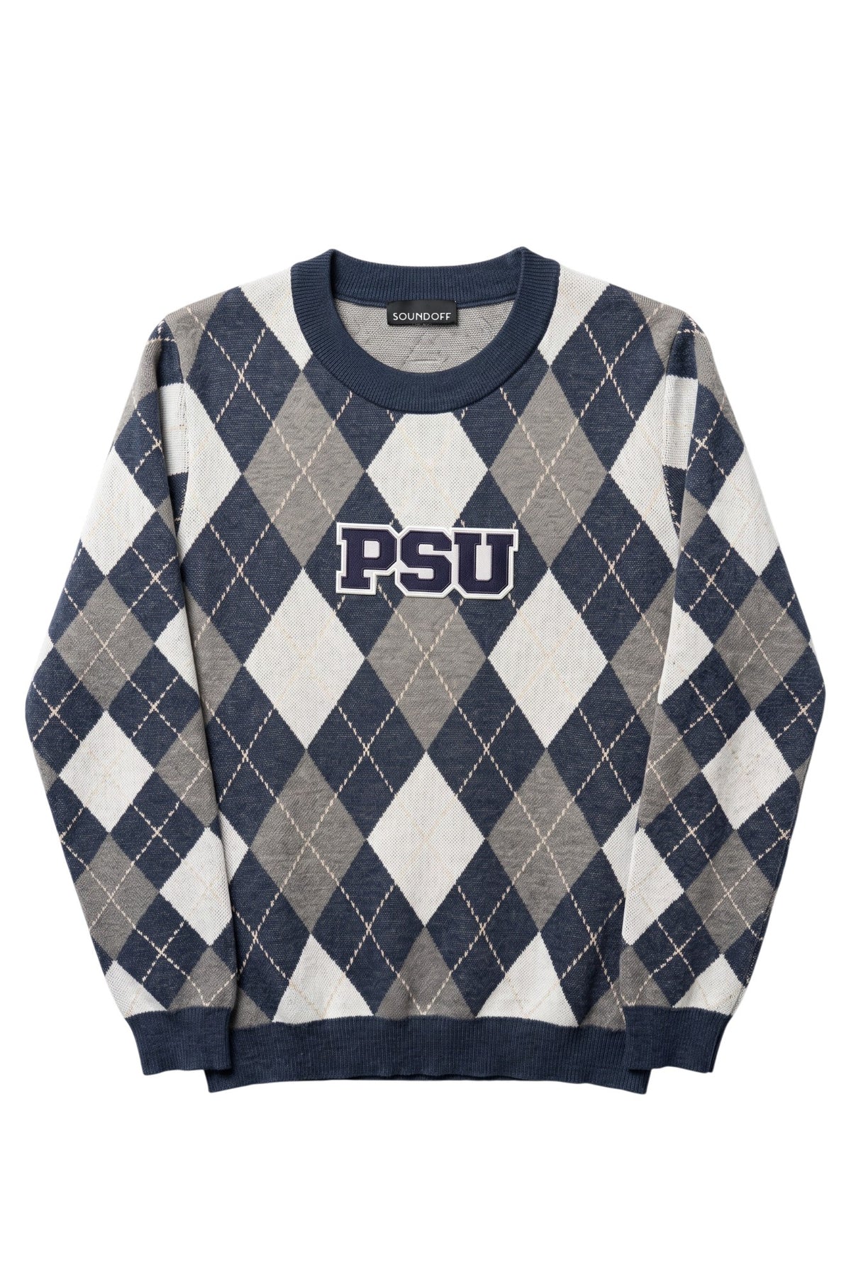 Penn State PSU varsity embroidered patch in navy and white sewn onto center front chest of navy, white, light grey, and beige argyle classic crewneck knit sweater.