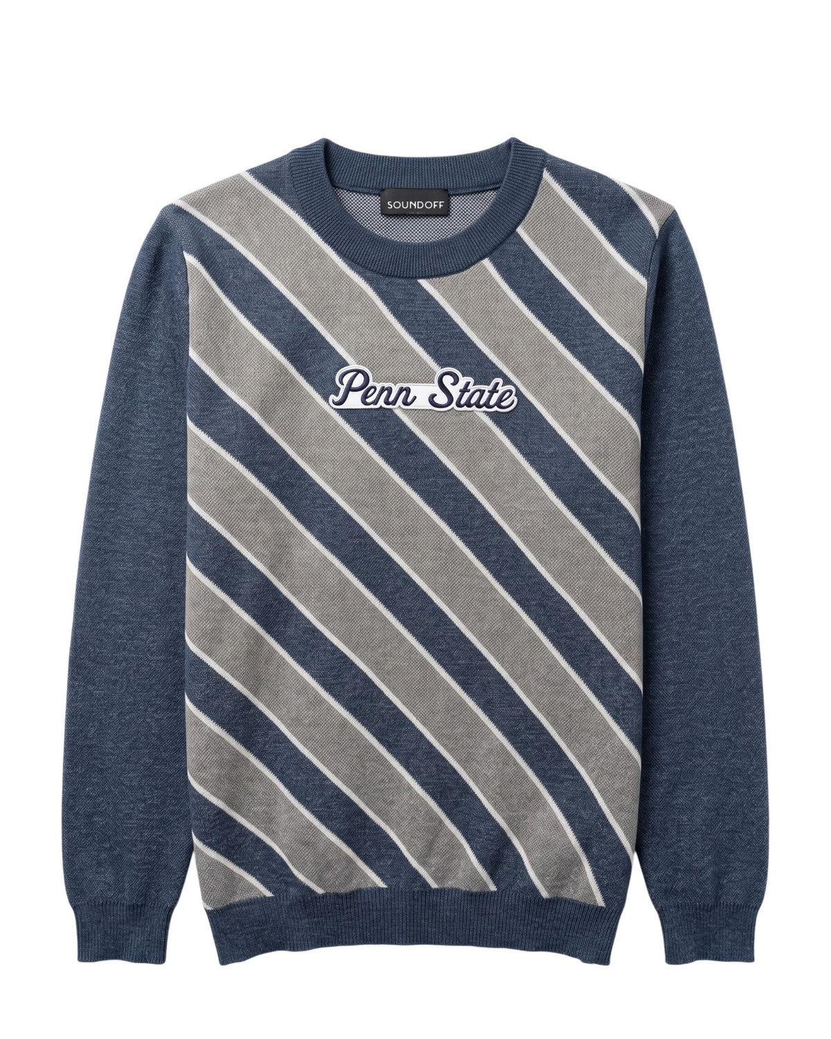 Penn State University script letter varsity patch sewn onto center front chest of navy, white, and light grey repp stripe classic crew knit sweater.