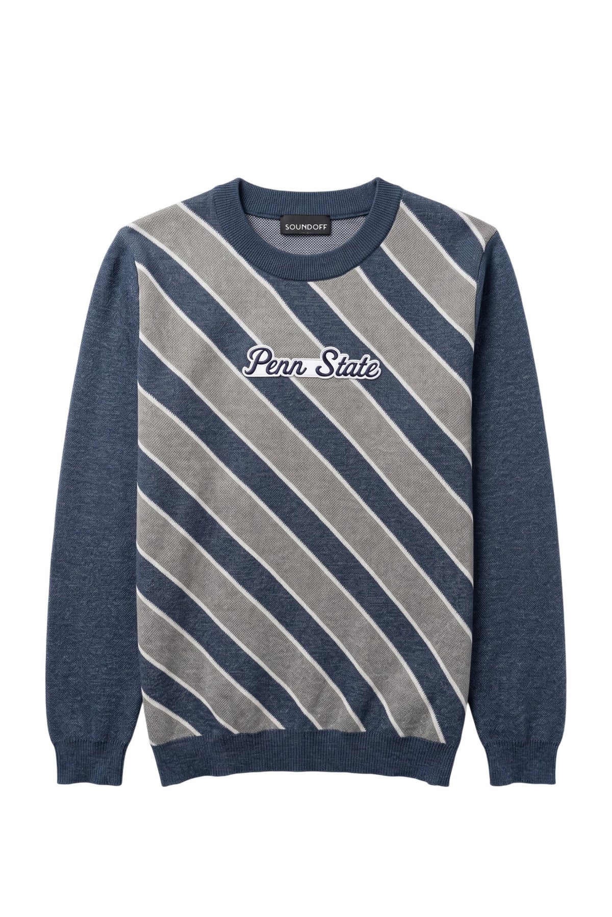 Penn State University script letter varsity patch sewn onto center front chest of navy, white, and light grey repp stripe classic crew knit sweater.